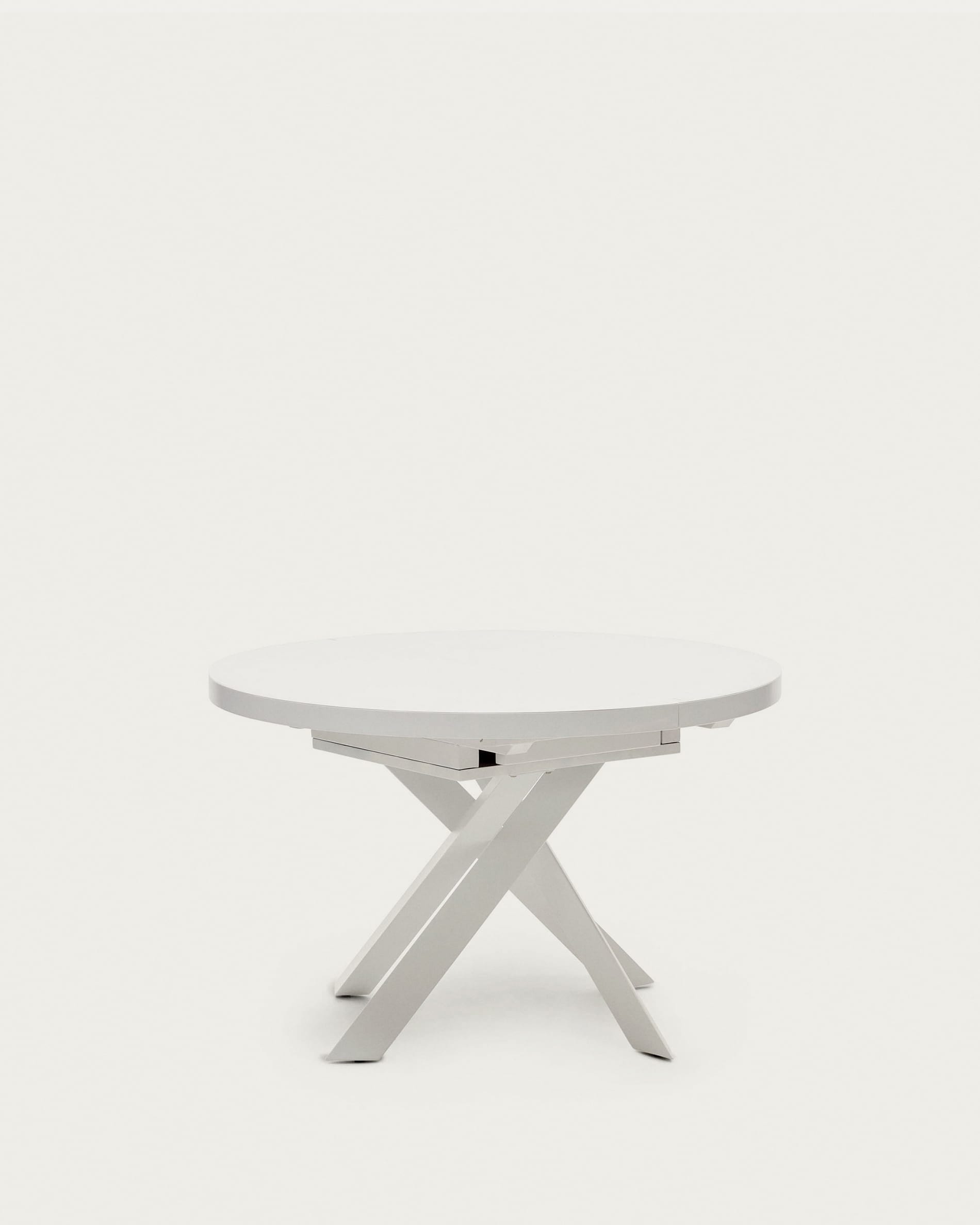Runder Vashti Ausziehtisch: Glasplatte, weiße Stahlbeine, Ø120(160)cm, modern, funktional, stilvoll für Esszimmer.