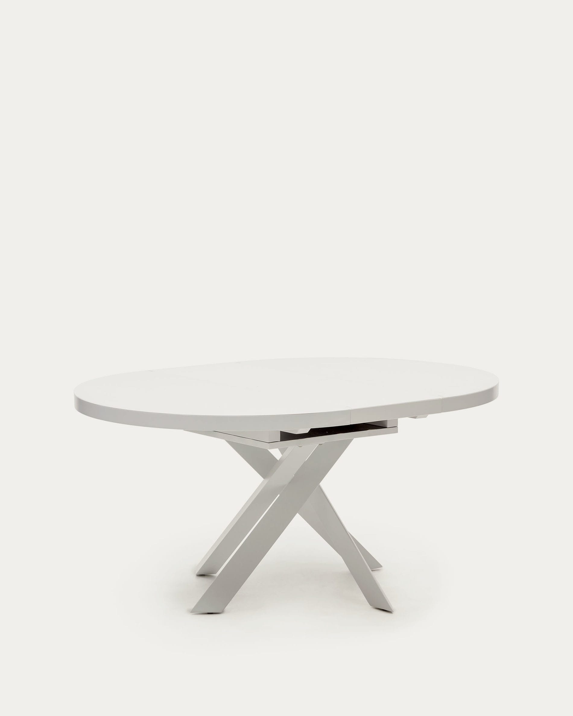 Eleganter runder Ausziehtisch mit Glasplatte, MDF und weißen Stahlbeinen, Ø120(160)x120cm, perfekt für moderne Wohnräume.