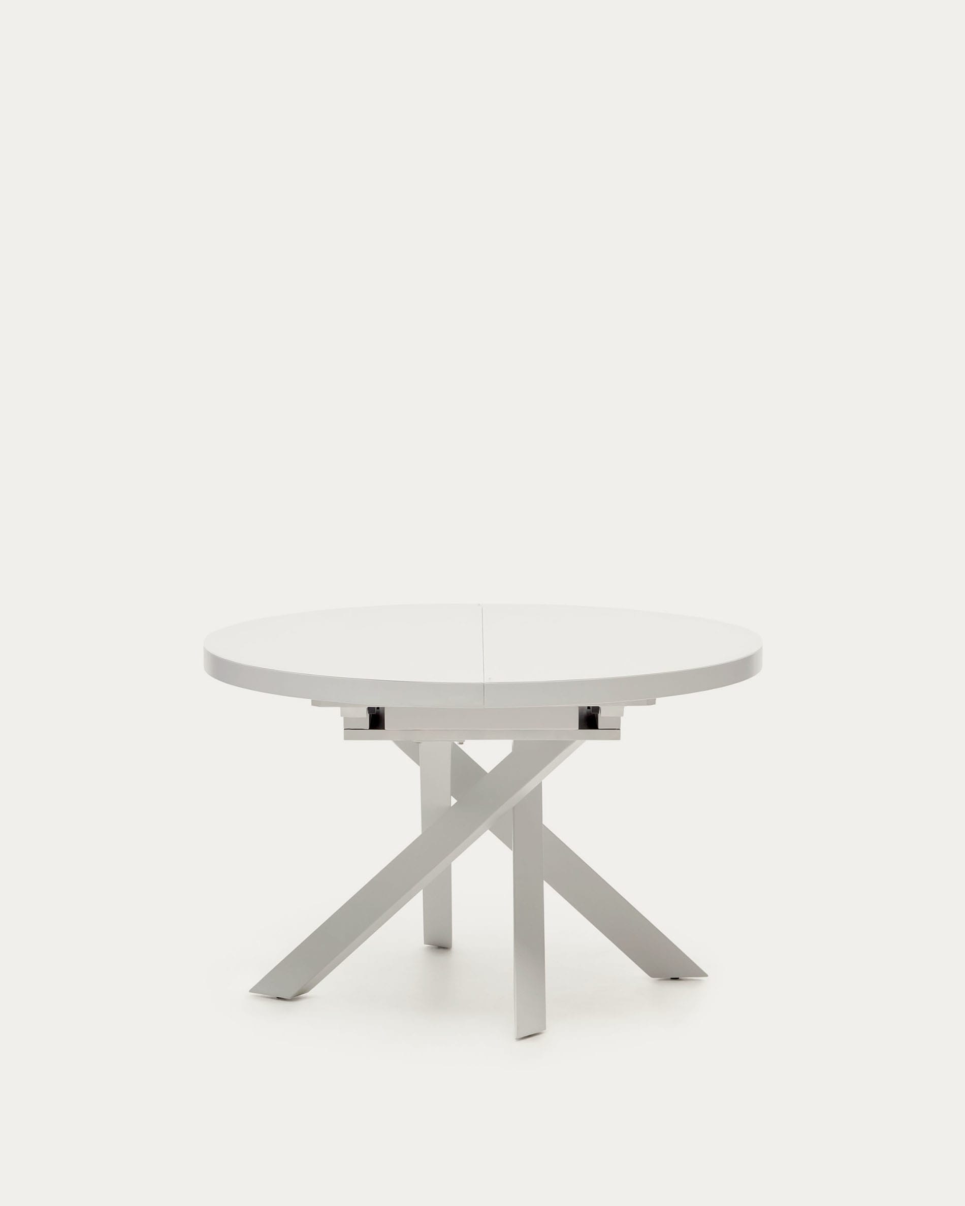 Moderner runder Ausziehtisch mit Glasplatte, MDF und weißen Stahlbeinen, Ø120(160)x120cm, ideal für stilvolle Esszimmer.