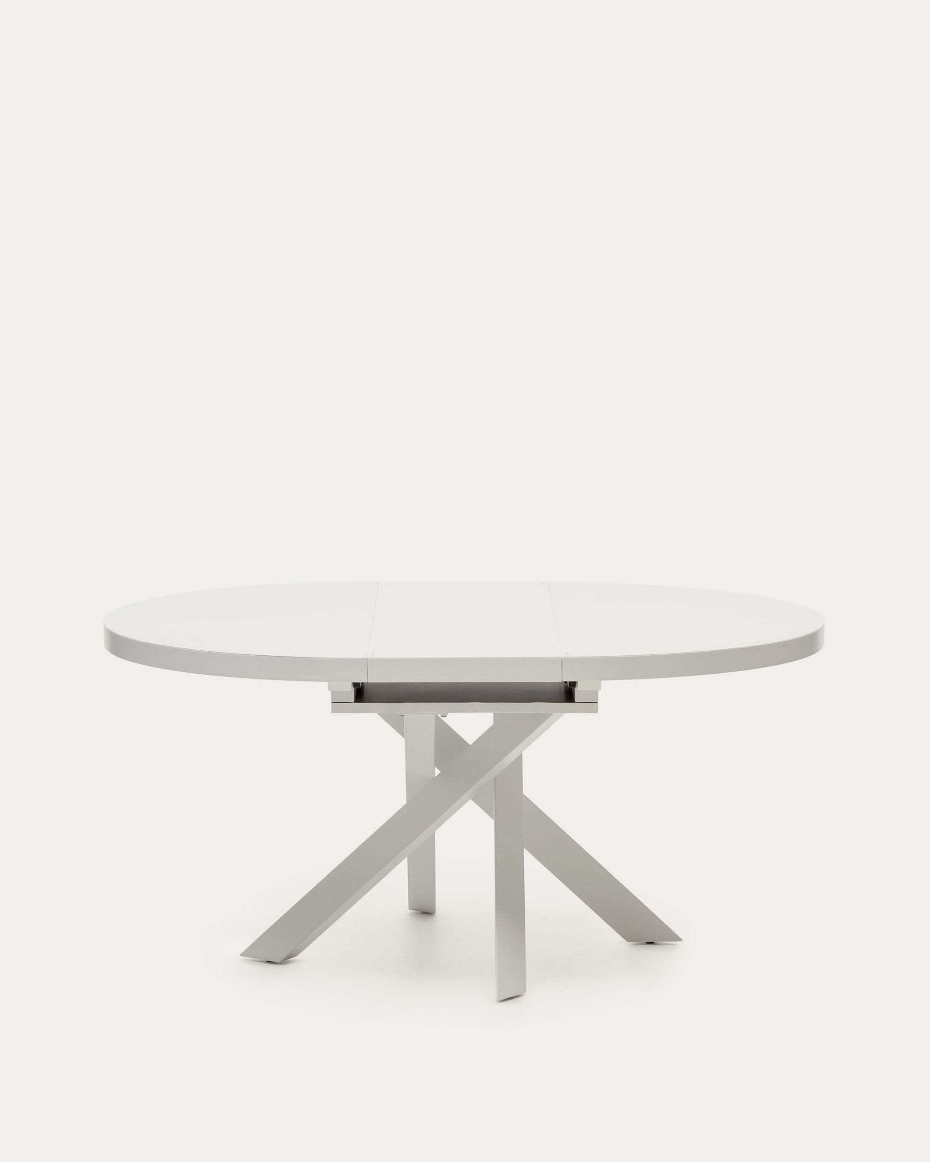 Eleganter runder Ausziehtisch mit Glasplatte, MDF und weißen Stahlbeinen, Ø120(160)x120cm, perfekt für moderne Wohnräume.
