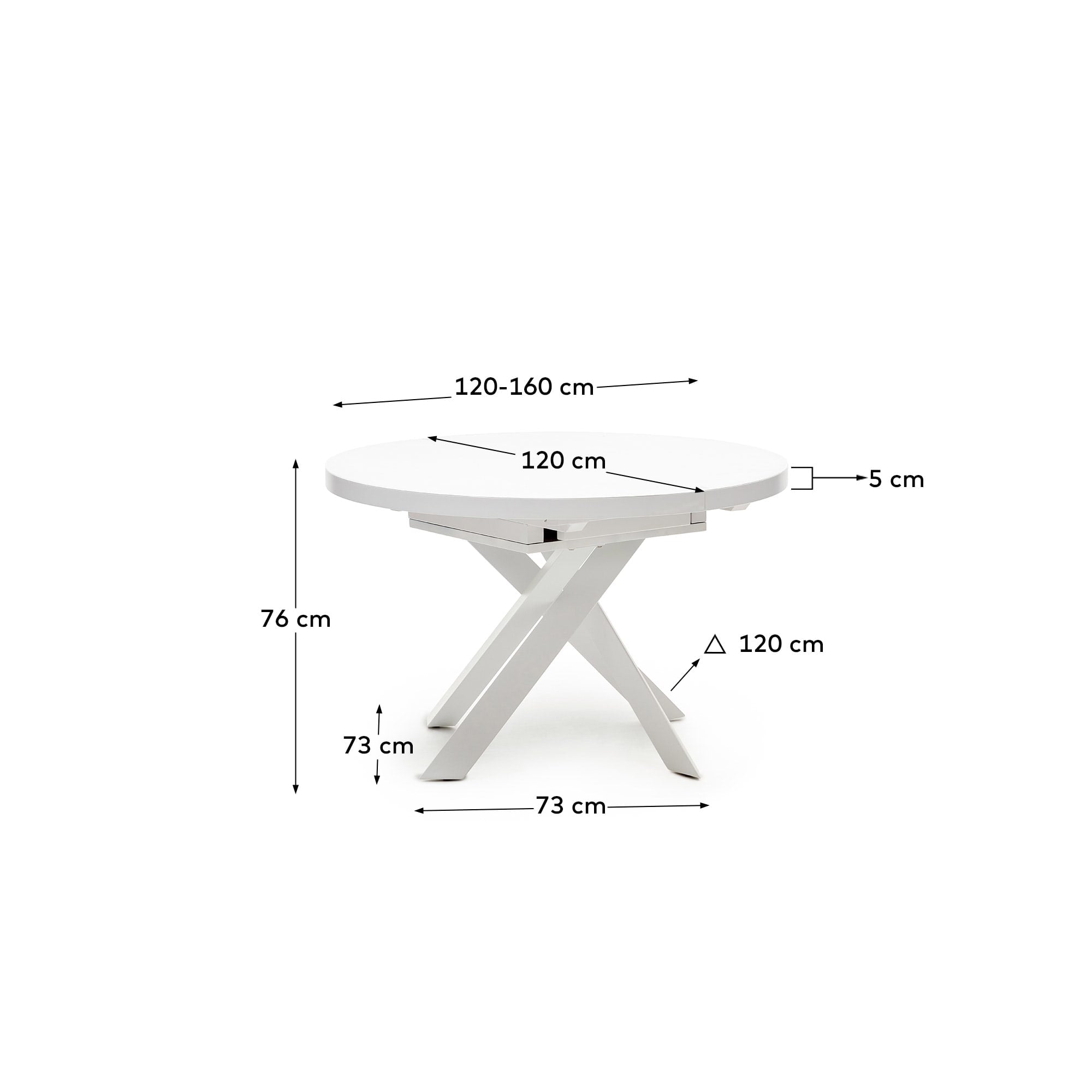 Moderner Ausziehtisch mit Glasplatte, MDF-Konstruktion und stilvollen Stahlbeinen in Weiß, Ø120/160cm.