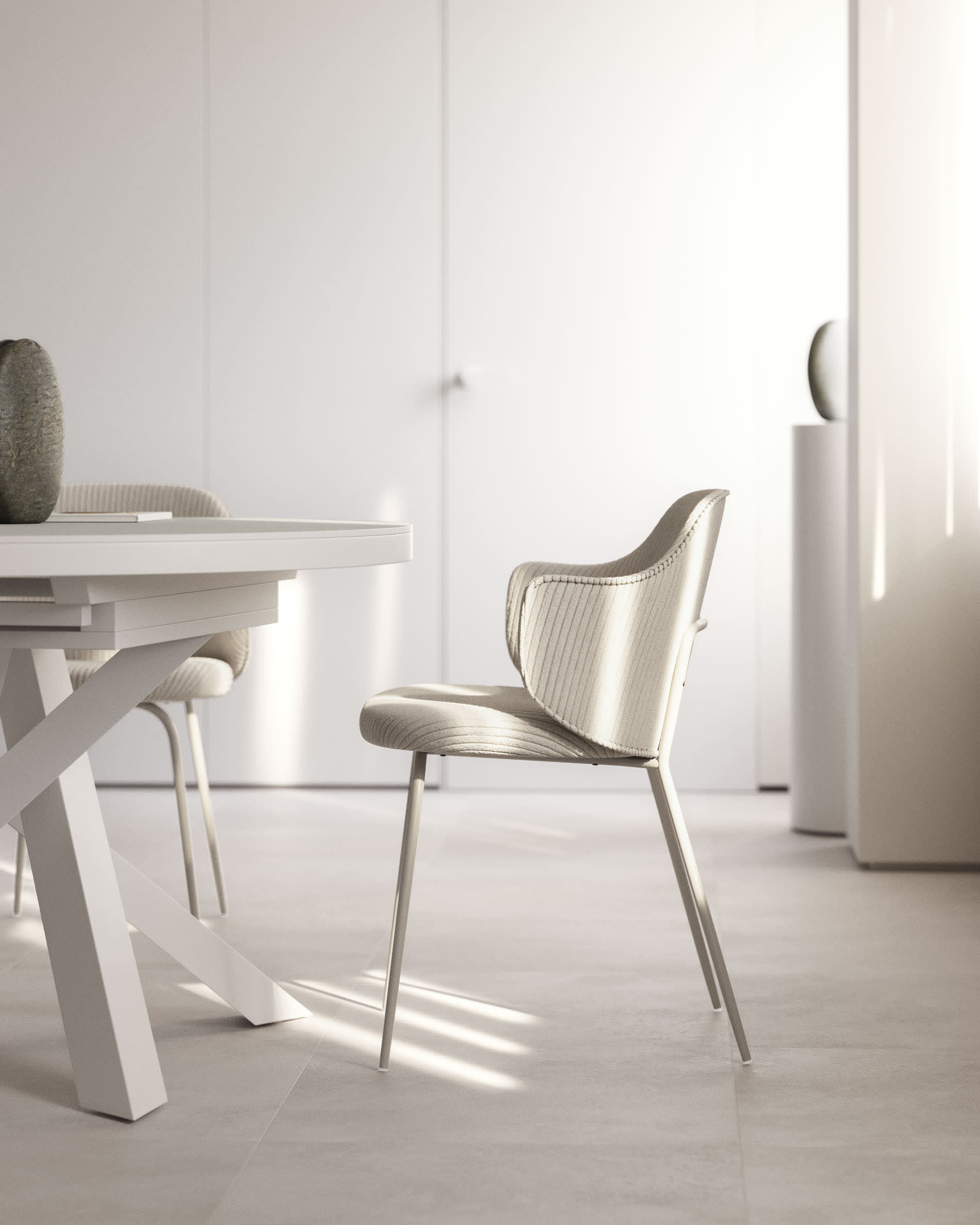 Eleganter runder Ausziehtisch mit Glasplatte, MDF und weißen Stahlbeinen, Ø120(160)x120cm, perfekt für moderne Wohnräume.