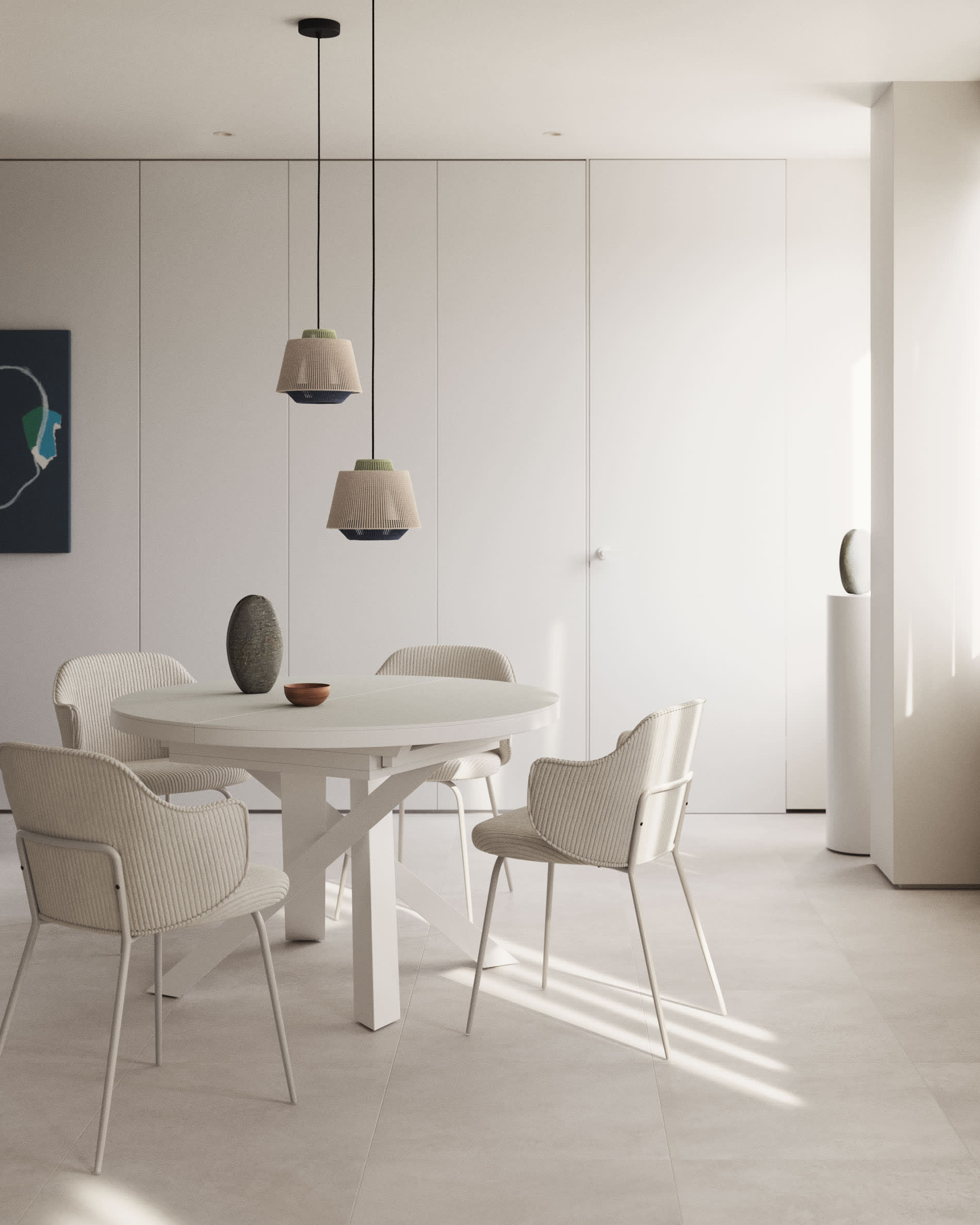 Moderner runder Ausziehtisch mit Glasplatte, MDF und weißen Stahlbeinen, Ø120(160)x120cm, ideal für stilvolle Esszimmer.