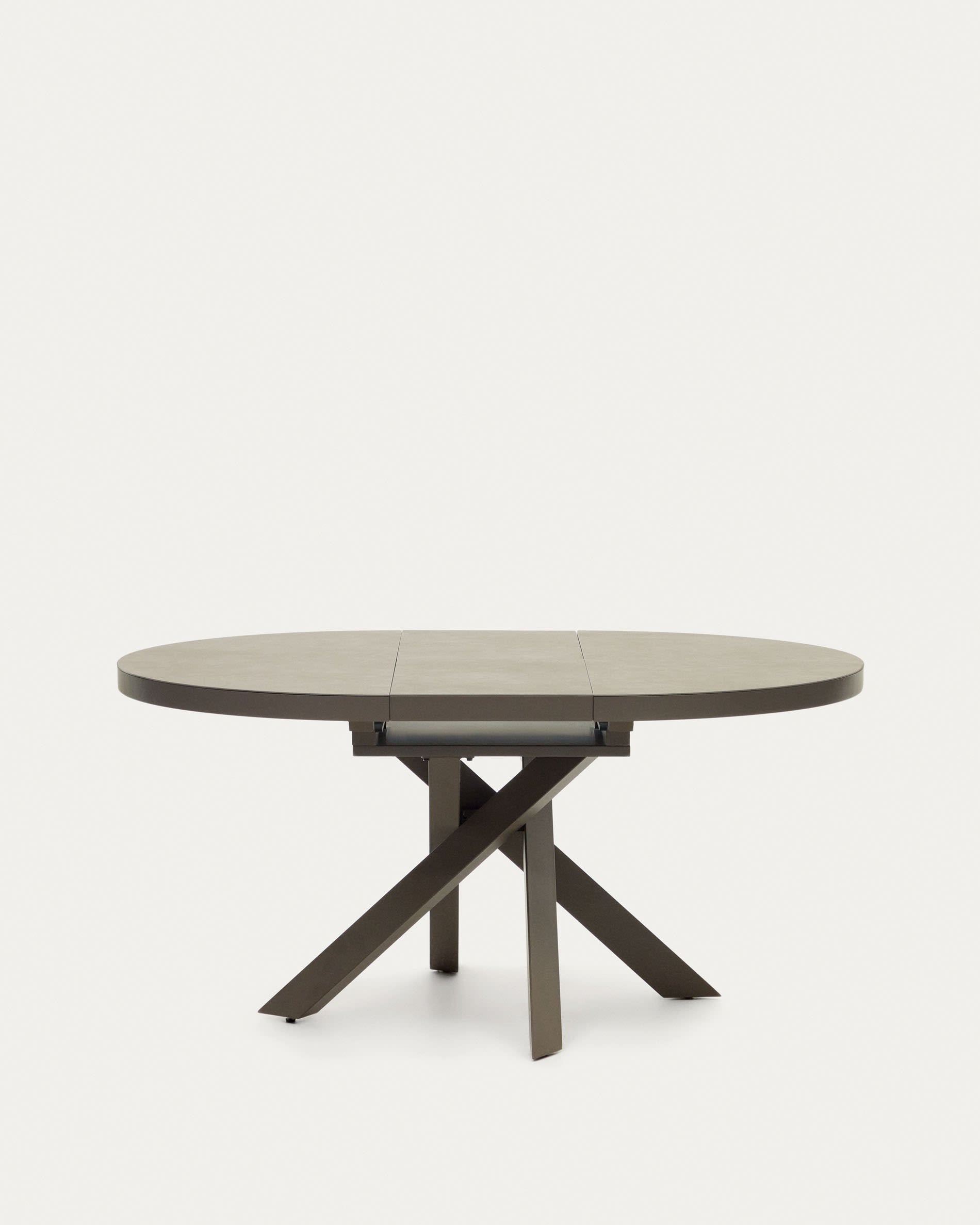 Eleganter runder Ausziehtisch mit Feinsteinzeugplatte und braunen Stahlbeinen, Ø 120-160 cm, perfekt für moderne Esszimmer.