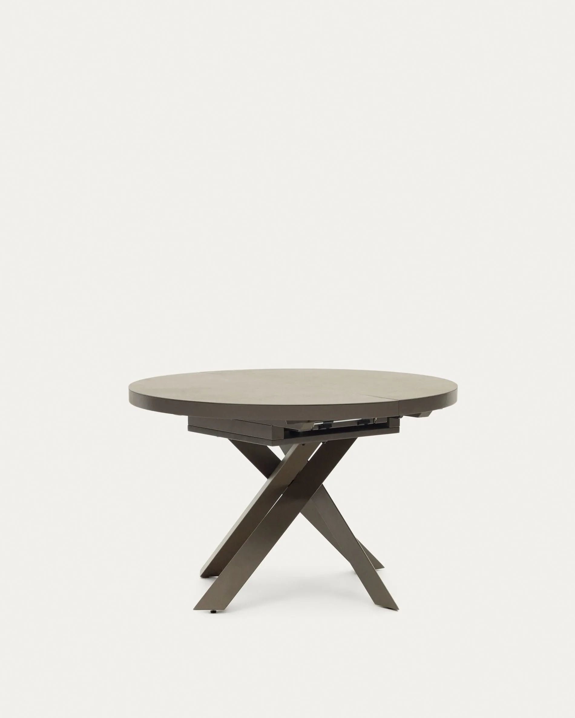 Moderner runder Ausziehtisch mit robuster Feinsteinzeugplatte und stilvollen braunen Stahlbeinen, Ø 120-160 cm, ideal für Esszimmer.