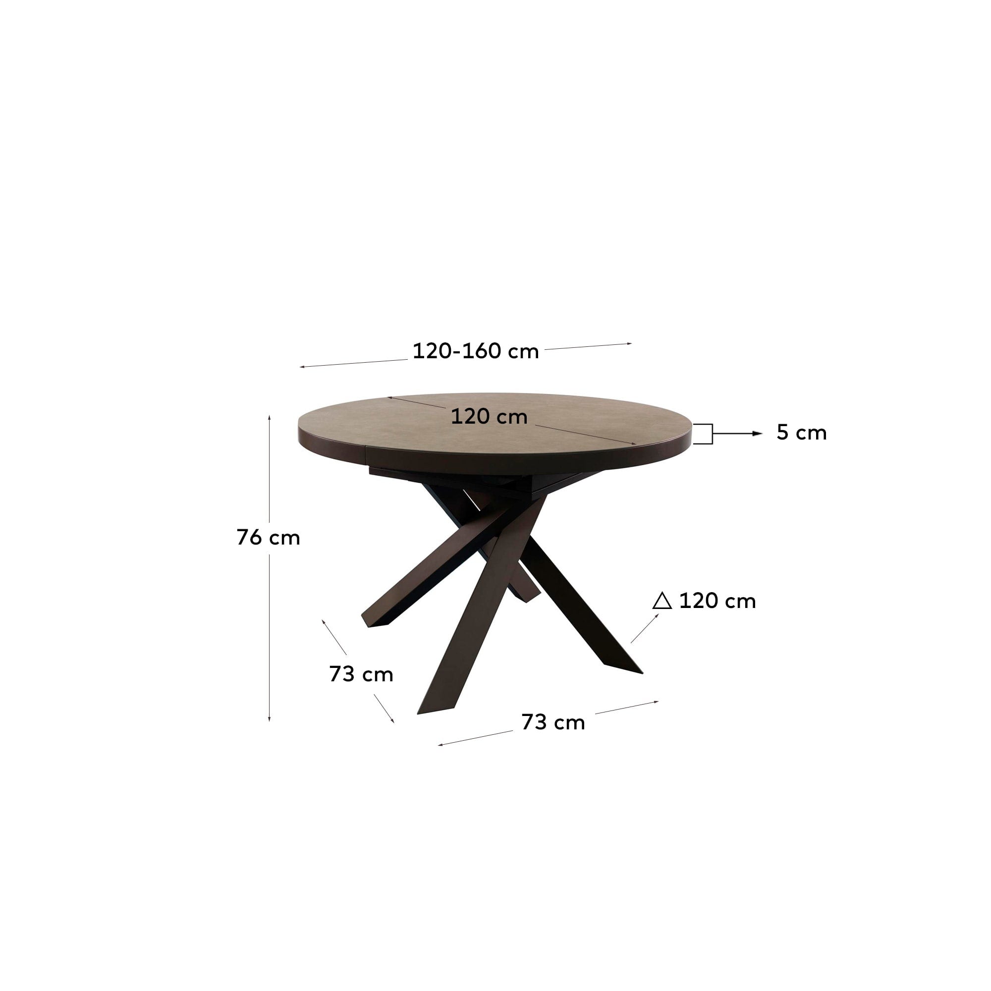 Eleganter runder Ausziehtisch mit strapazierfähiger Feinsteinzeugplatte und braunen Stahlbeinen, Ø 120-160 cm, perfekt für moderne Esszimmer.