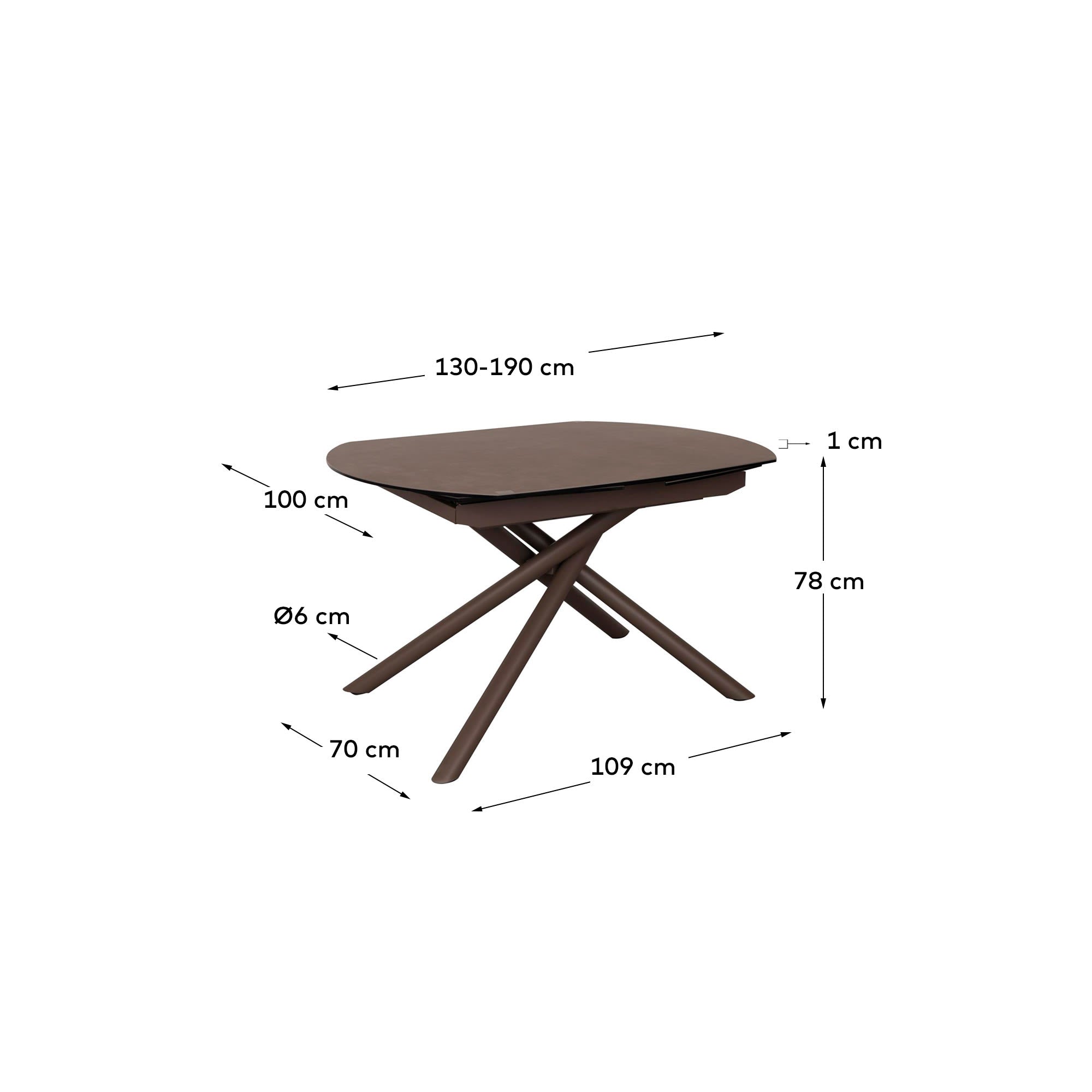 Moderner Yodalia Ausziehtisch von Kave Home mit robuster Feinsteinzeugplatte in warmem Braun und stabilen Stahlbeinen, ausziehbar von 130 auf 190 cm.