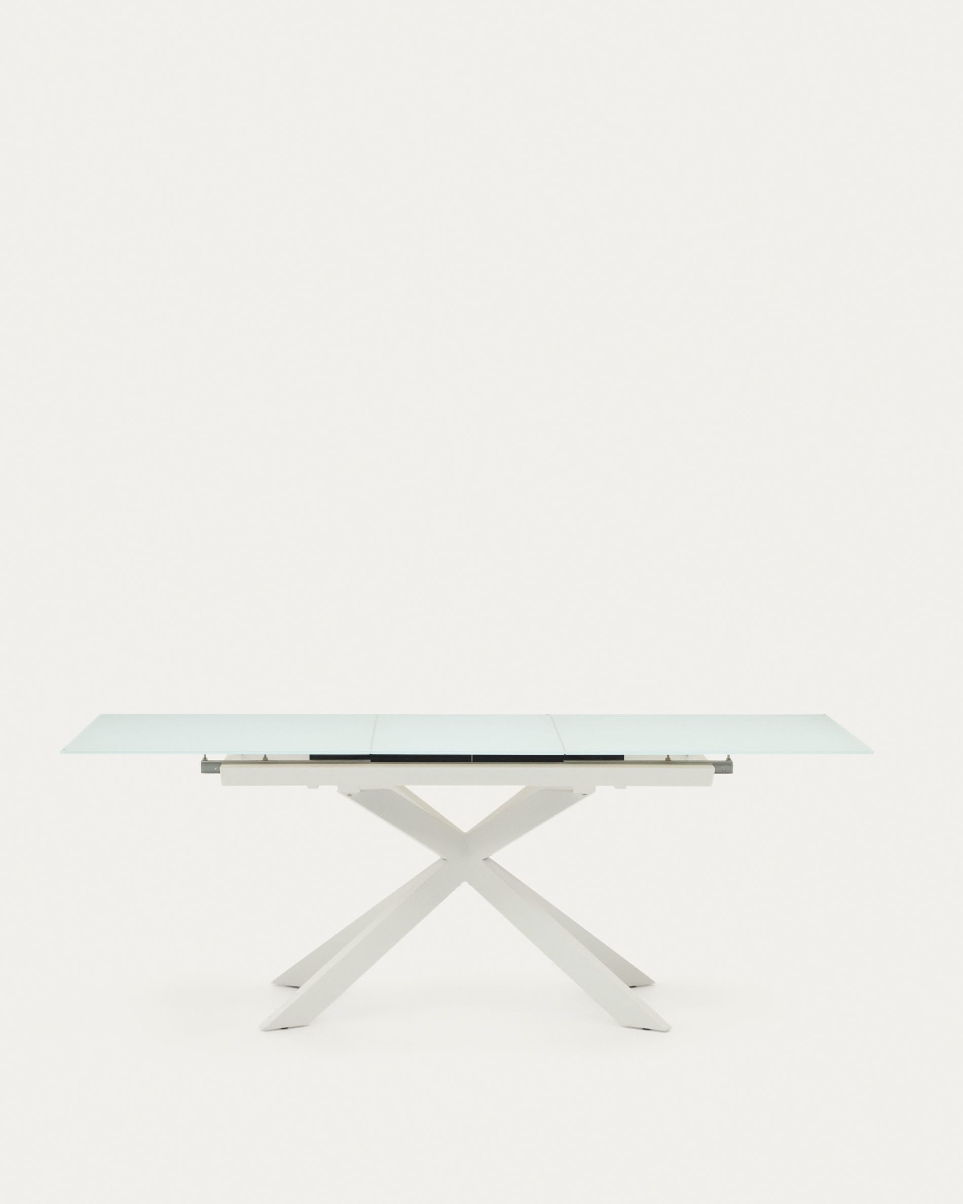 Eleganter Atminda Ausziehtisch mit gehärtetem Glas und weißen Stahlbeinen, 160-210 x 90 cm, perfekt für moderne Wohnräume.