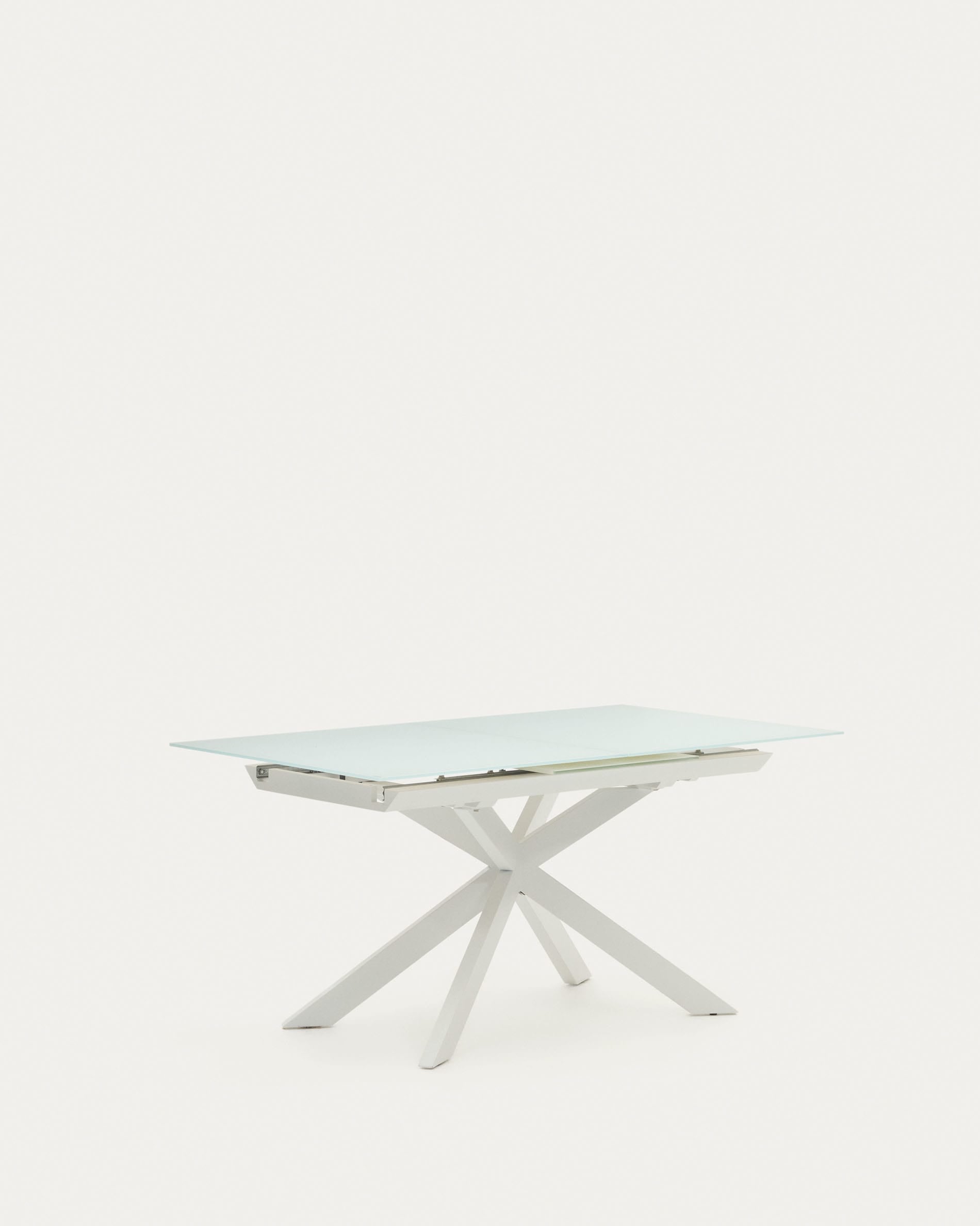 Moderner Atminda Ausziehtisch mit gehärtetem Glas und weißen Stahlbeinen, 160-210 x 90 cm, ideal für stilvolle Esszimmer.