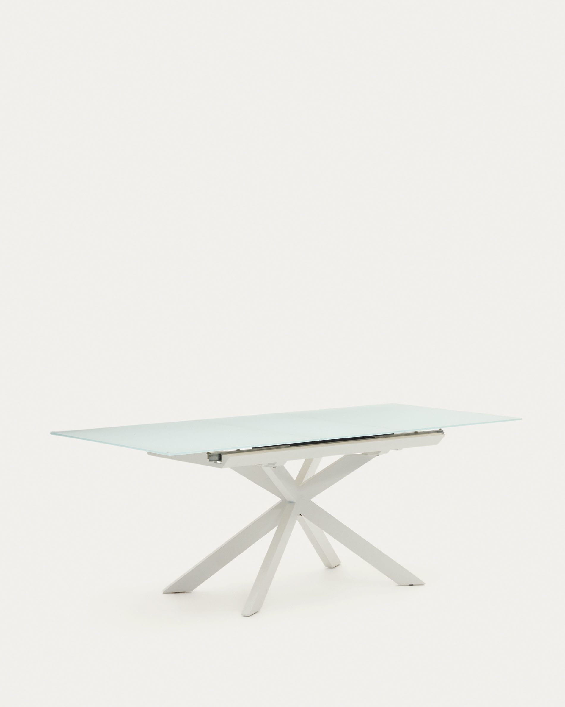 Eleganter Atminda Ausziehtisch mit gehärtetem Glas und weißen Stahlbeinen, 160-210 x 90 cm, perfekt für moderne Esszimmer.