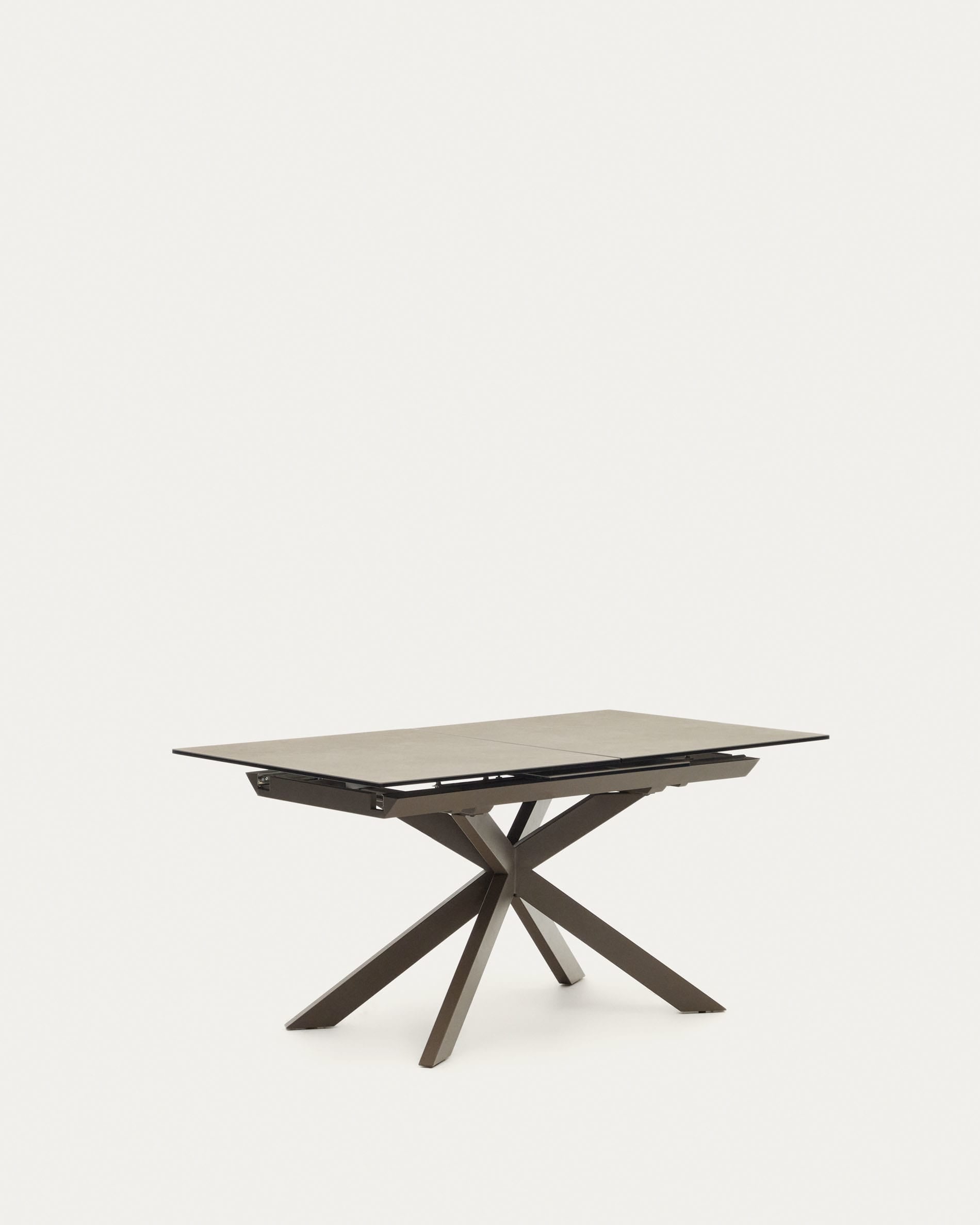 Eleganter Atminda Ausziehtisch mit brauner Feinsteinzeugplatte und stabilen Stahlbeinen, 160-210x90 cm, perfekt für modernes Wohnen.