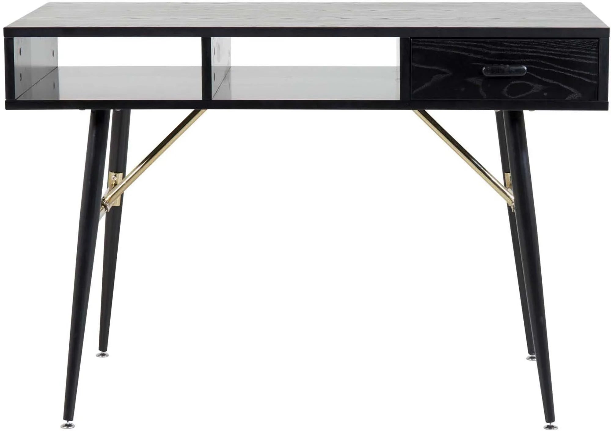 Eleganter Gold Schreibtisch von Venture Home: luxuriöses Design, stabile schwarze Beine, ideal für stilvolle Home Offices.