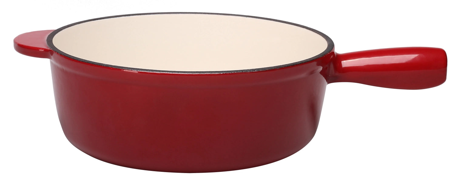 Robustes Caquelon aus Gusseisen in leuchtendem Rot, 24 cm Durchmesser, ideal für Fondue-Abende und vielseitige Kochanwendungen.