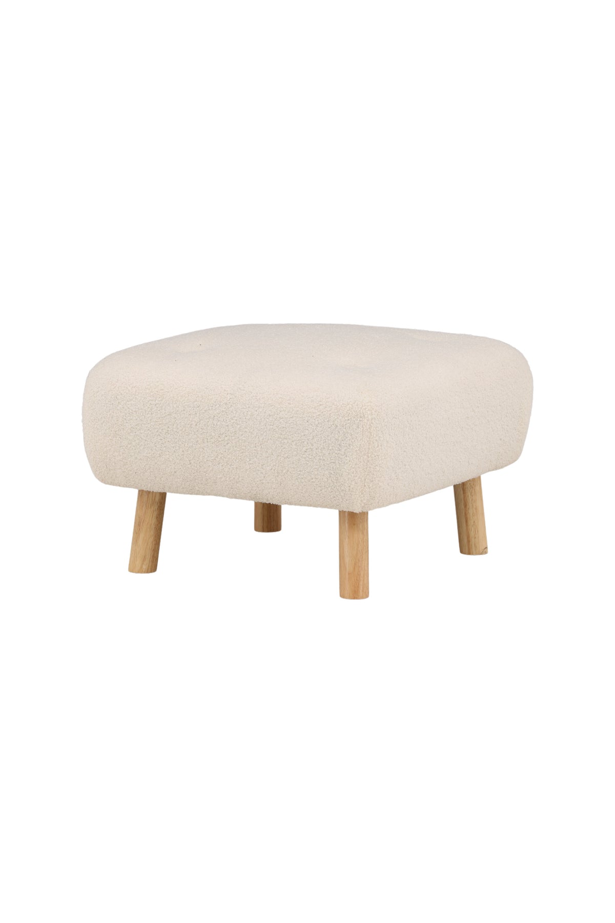 Pouf Salina von Venture Home in Weiss, runde Form mit Teddy-Stoffbezug und niedrigen Beinen aus Gummibaumholz.