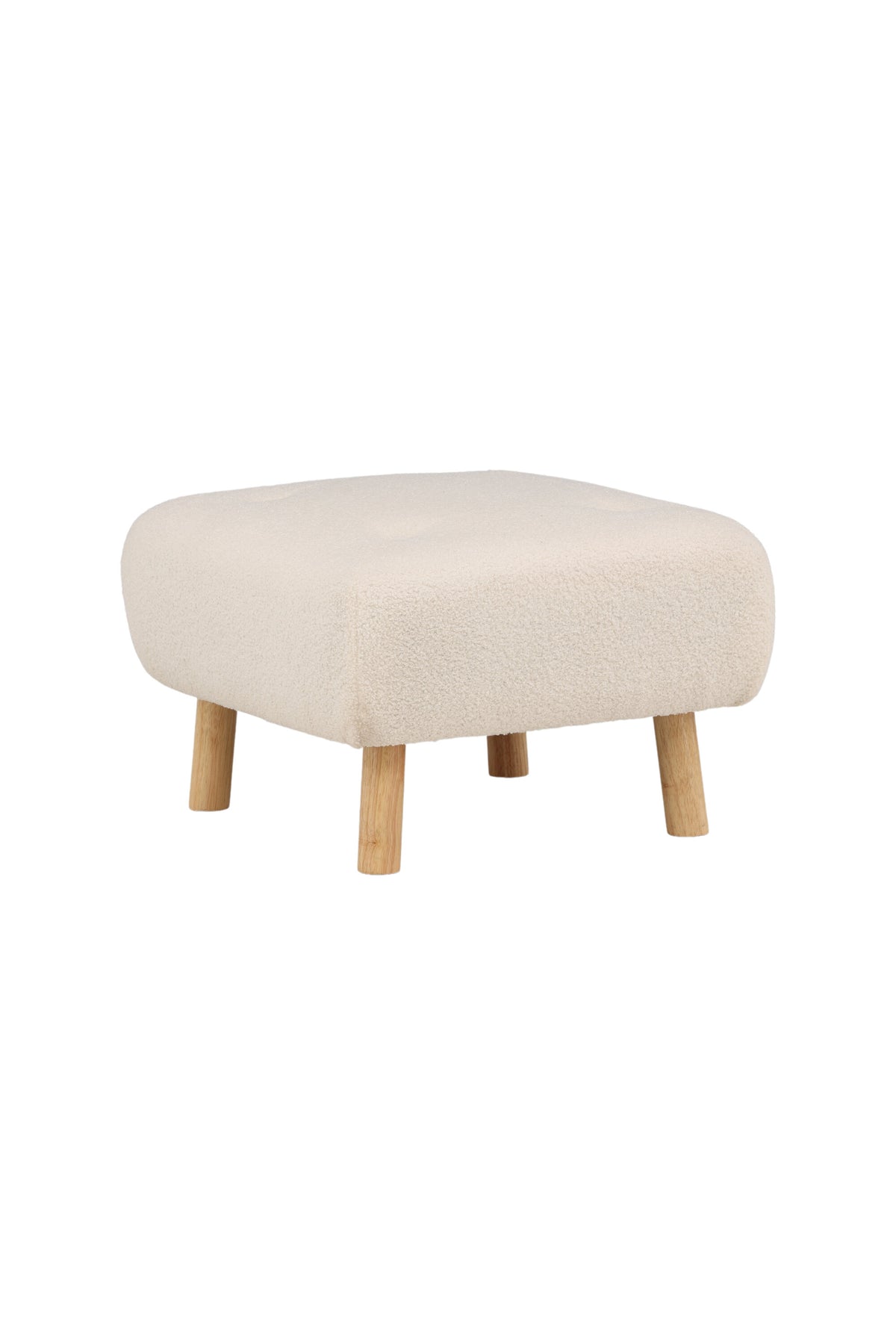 Pouf Salina von Venture Home in Weiss, runde Form mit Teddy-Stoffbezug und niedrigen Beinen aus Gummibaumholz.