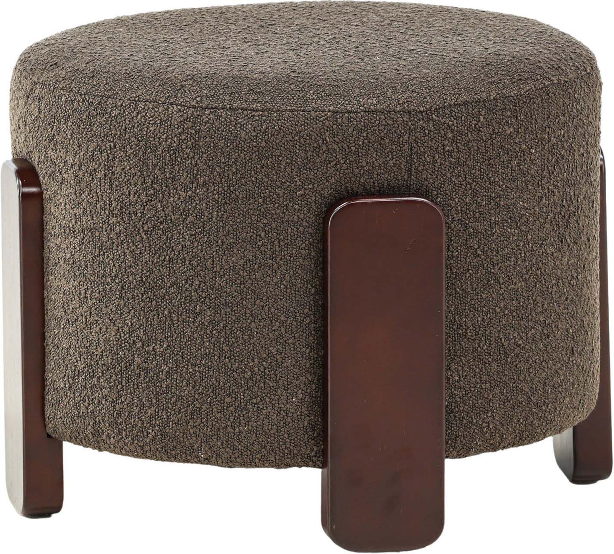Eleganter grauer Pouf aus Boulene-Stoff, stabiler bunter Sperrholzrahmen, vielseitig als Sitz oder Fusshocker nutzbar.