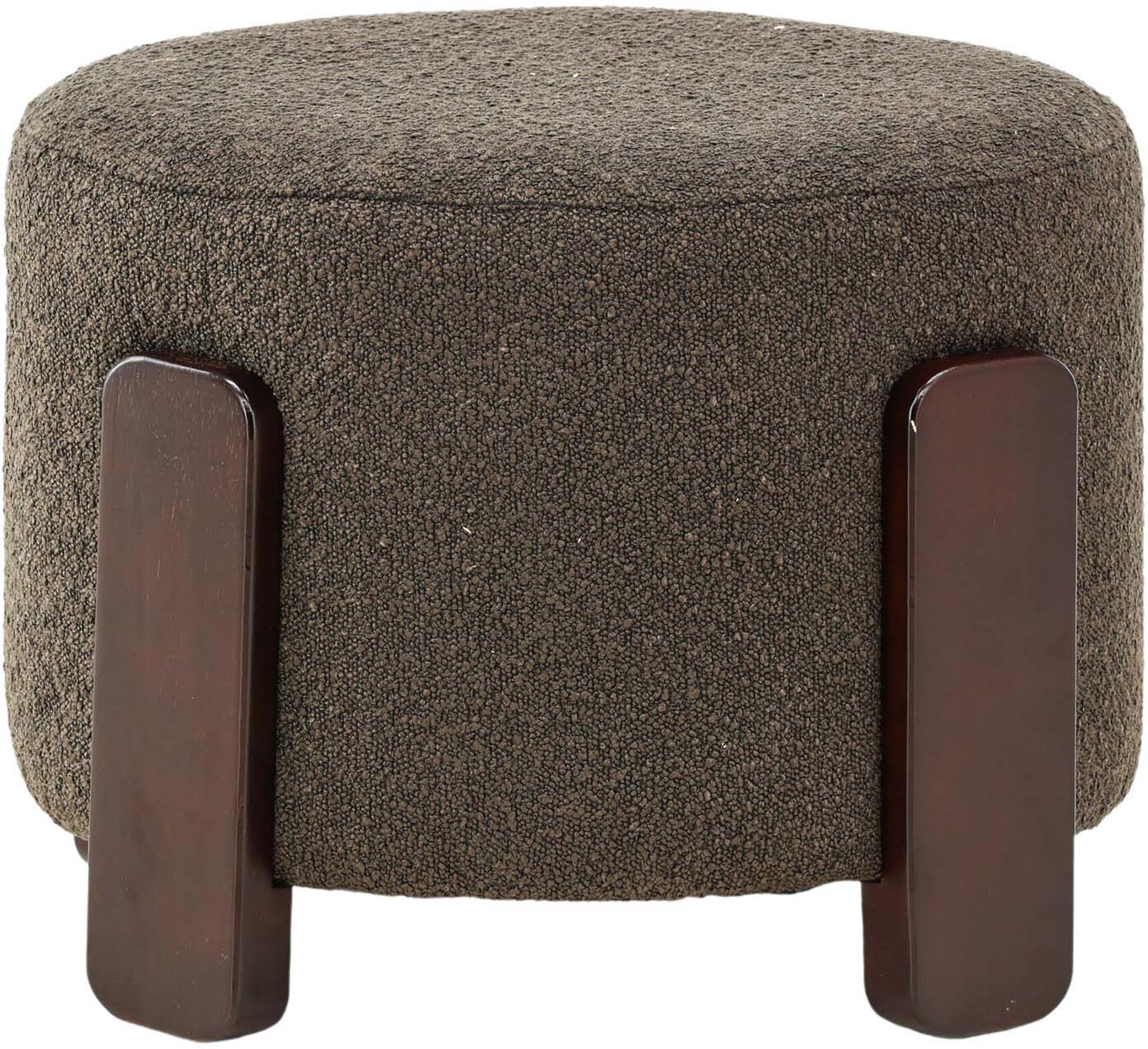 Eleganter grauer Pouf aus Boulene-Stoff, stabiler bunter Sperrholzrahmen, vielseitig als Sitz oder Fusshocker nutzbar.