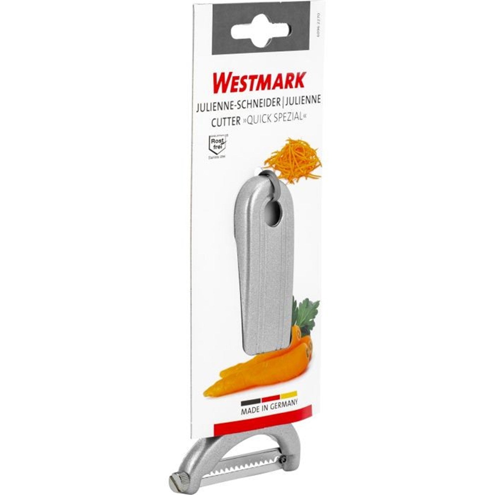 Kompakter Julienne-Schneider von Westmark, perfekt für feine Streifen, handlich und praktisch, Masse: 12x7.5x1cm.