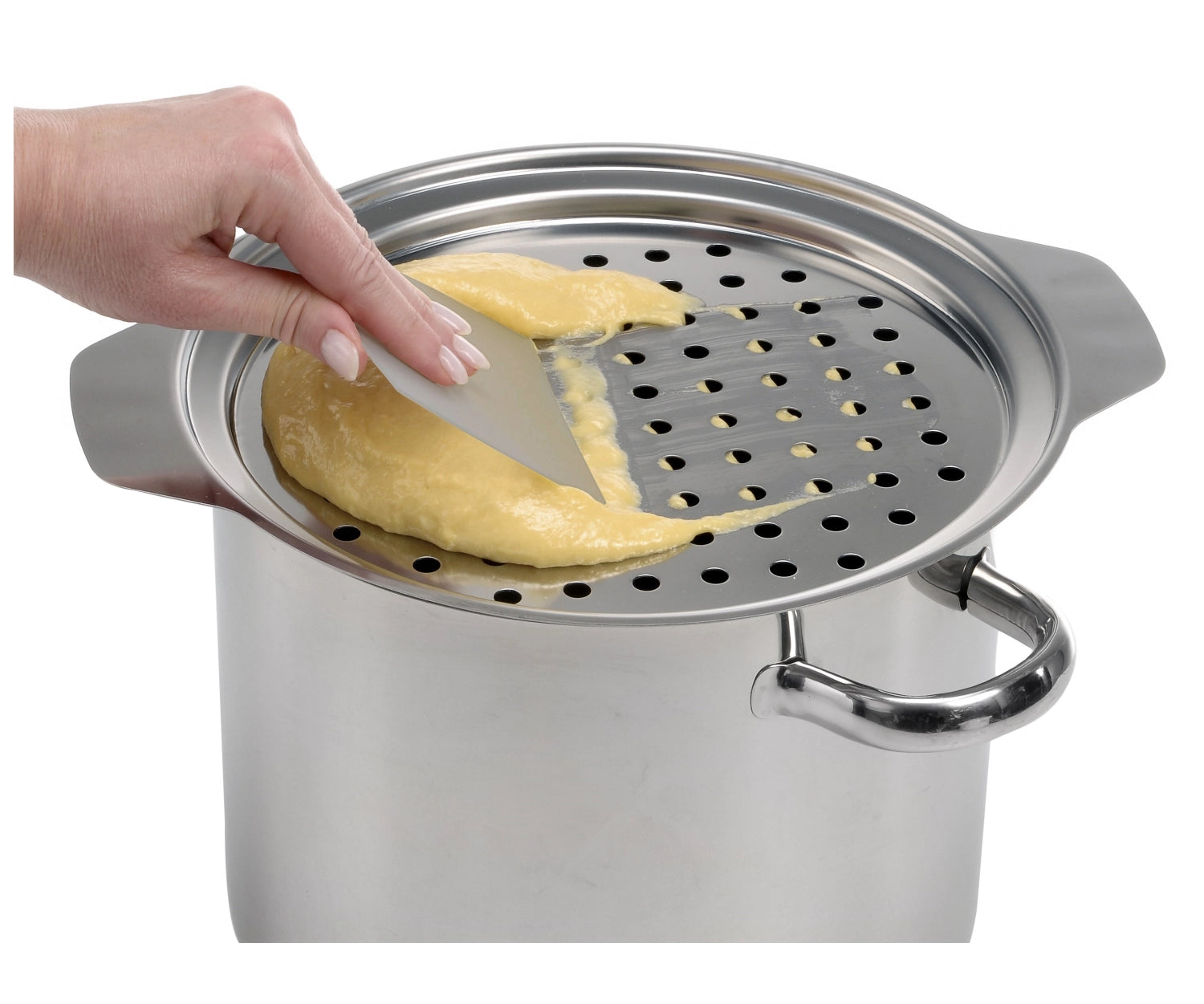 Spätzle- und Topfaufsatz von Westmark, passend für Töpfe mit 24-28 cm Durchmesser, ideal zum Schaben und Abtropfen von Teigwaren.
