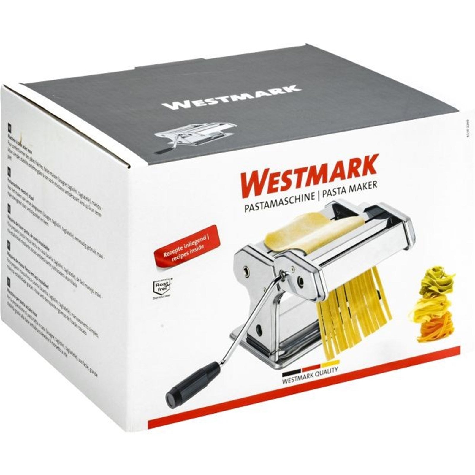 Hochwertige Edelstahl-Pastamaschine von Westmark, kompakt (20x20x15,5 cm), perfekt für hausgemachte Pasta-Kreationen.