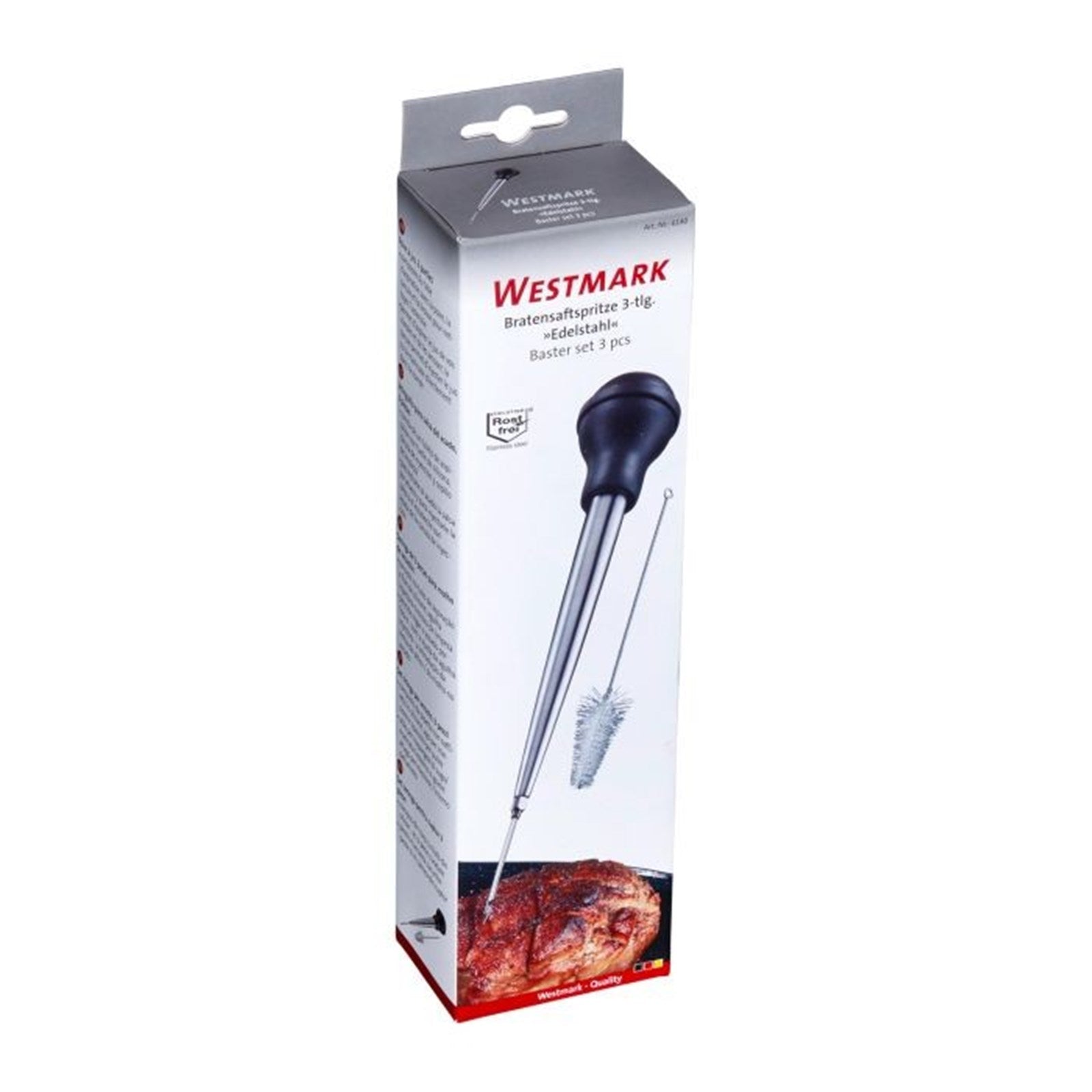 Praktische 3-teilige Bratensaftspritze von Westmark, ideal zum Würzen und Marinieren von Fleisch mit Saucen und Gewürzen.