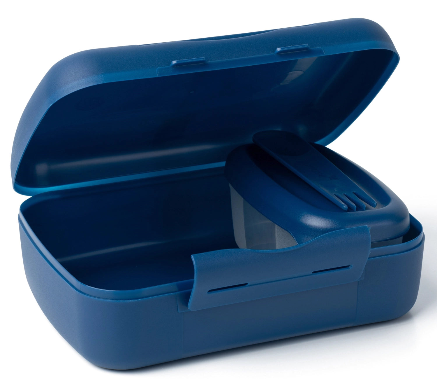 Moderne dunkelblaue Lunchbox von Amuse mit integriertem Göffel, perfekt für Brunch-Salate und unterwegs, praktisch und stilvoll.