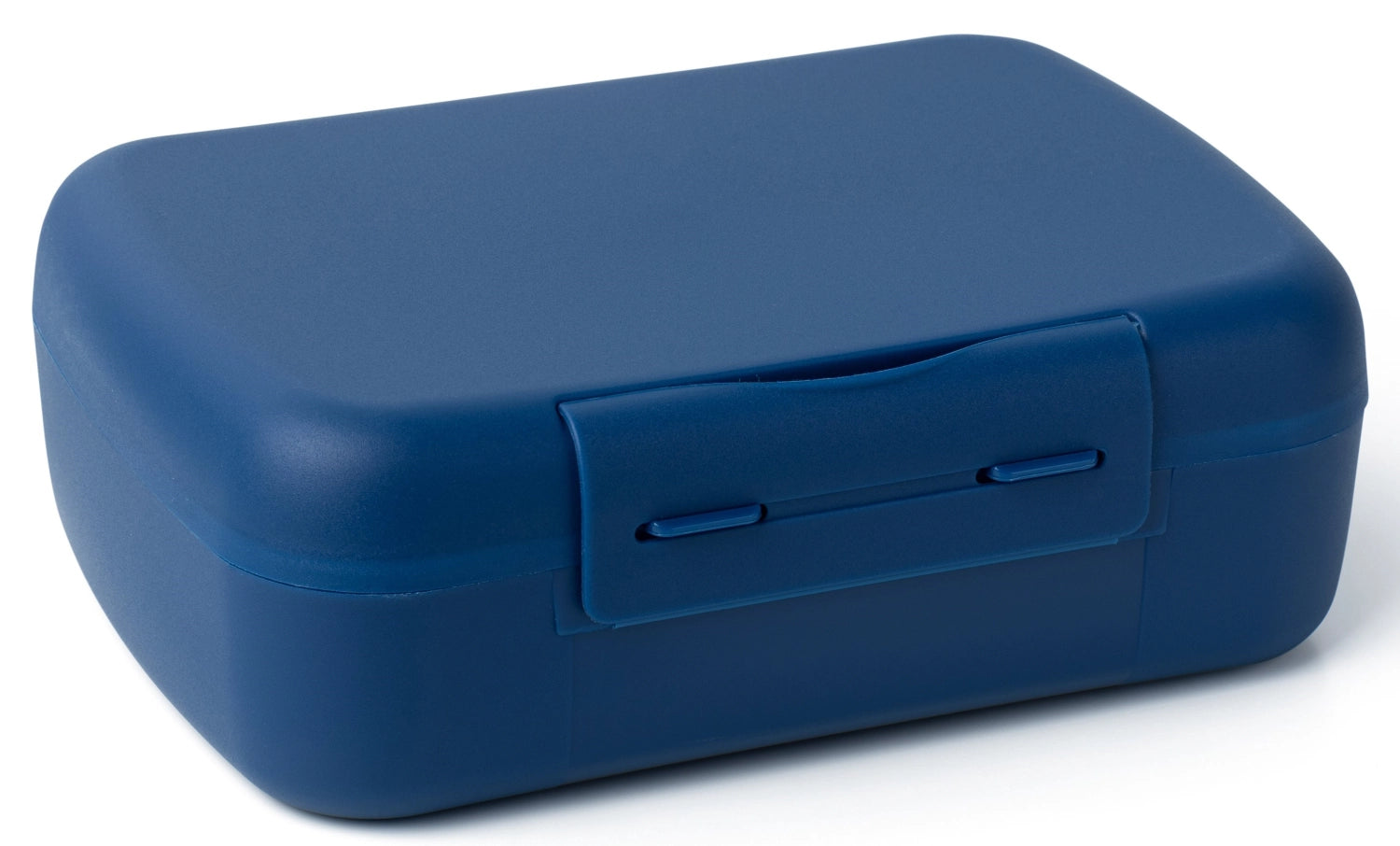 Dunkelblaue Amuse Lunchbox mit Göffel, ideal für Brunch-Salate, handlich und elegant für unterwegs, Maße 210x156x71mm.