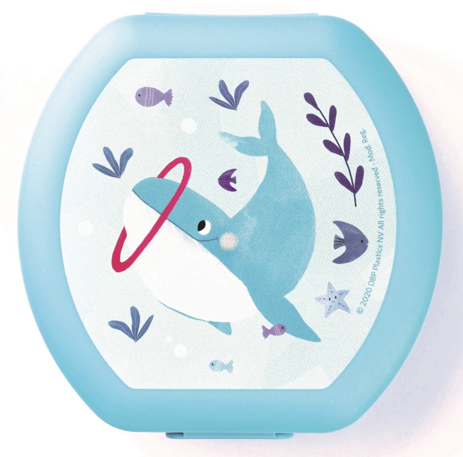 Niedliche Wal-Lunchbox in sanftem Hellblau, ideal für Kinder. Maße: 112x110x40 mm, perfekt für unterwegs und kleine Snacks.