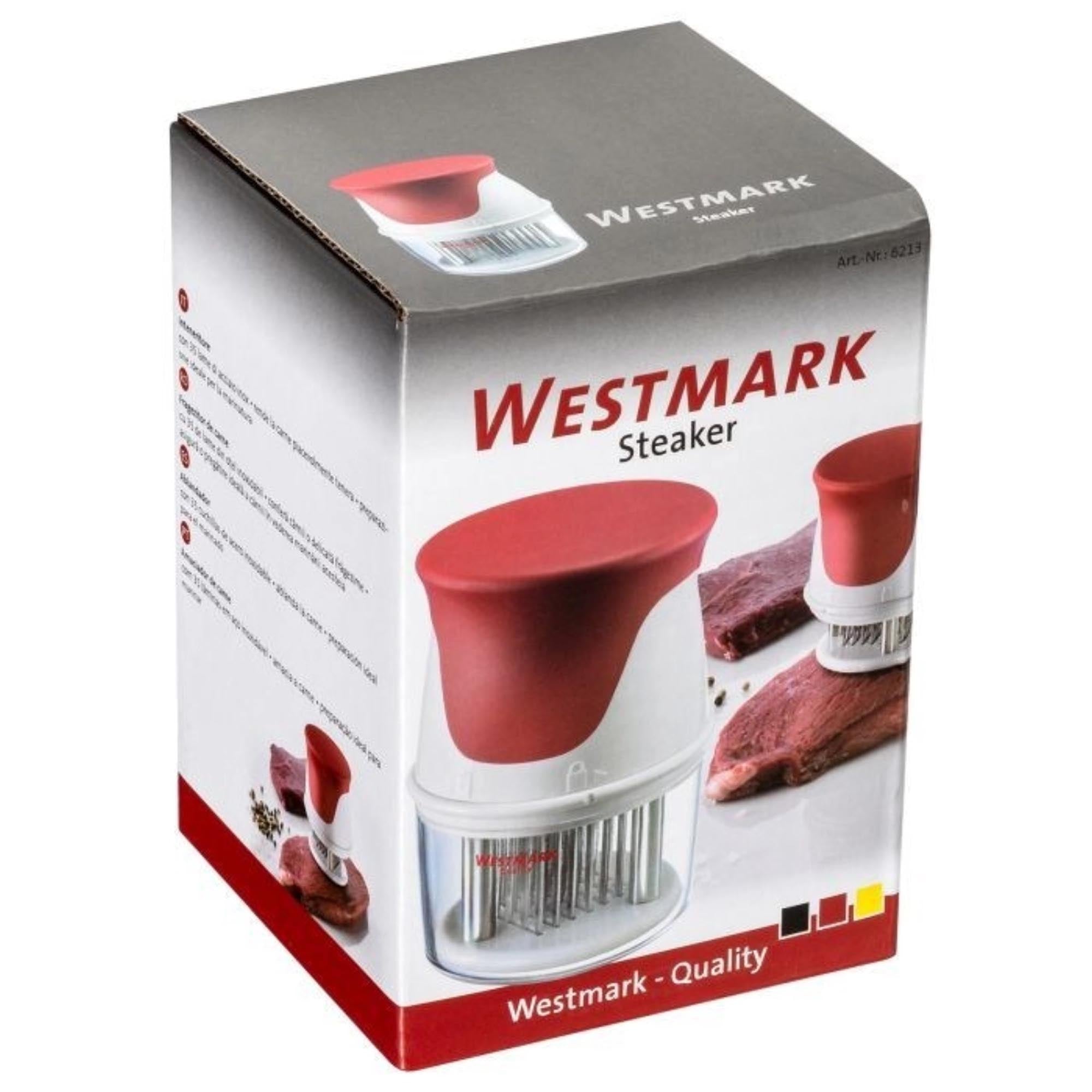 Fleischsteaker mit 35 Edelstahlklingen, kompakt und robust, für zartes Fleisch, Masse: 7,3x7,3x10,7 cm, einfach zu handhaben.