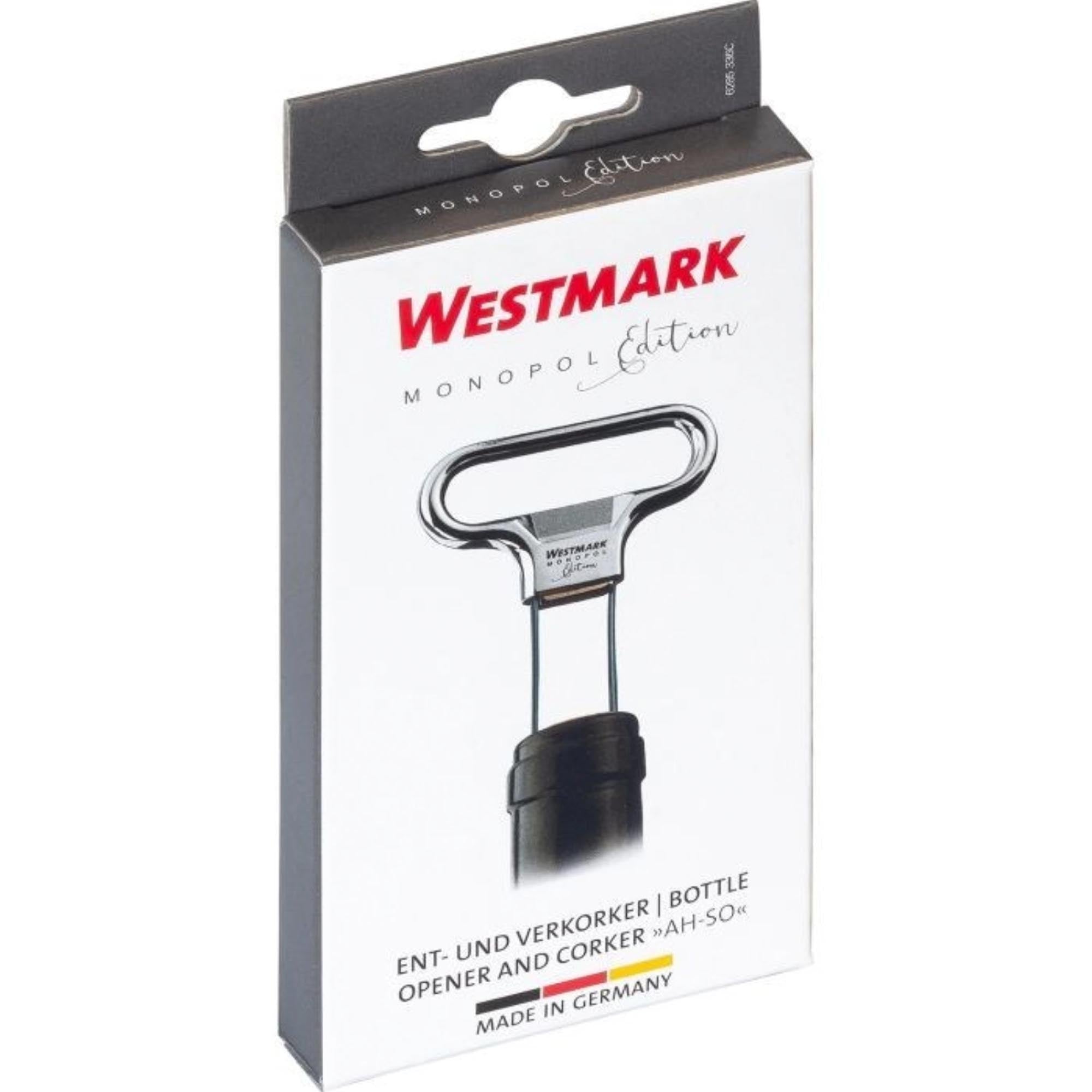Eleganter Ah-So Korkenzieher von Westmark, verchromt, ideal für fragile Korken, kompakte Maße: 11x6.5x1cm.