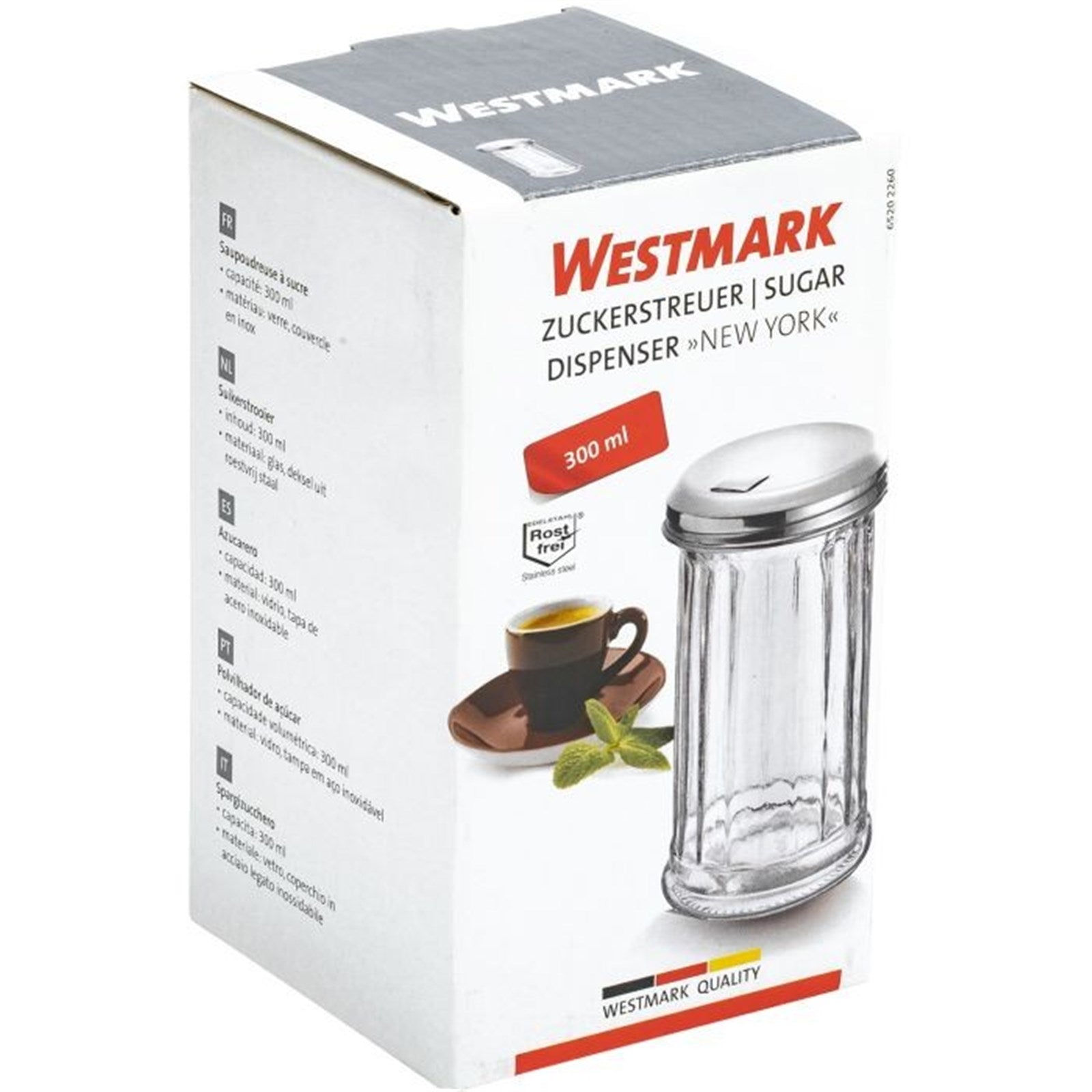 Stilvoller Zuckerstreuer aus Glas und Edelstahl, 300ml, perfekt für präzises Portionieren und elegantes Servieren von Zucker.
