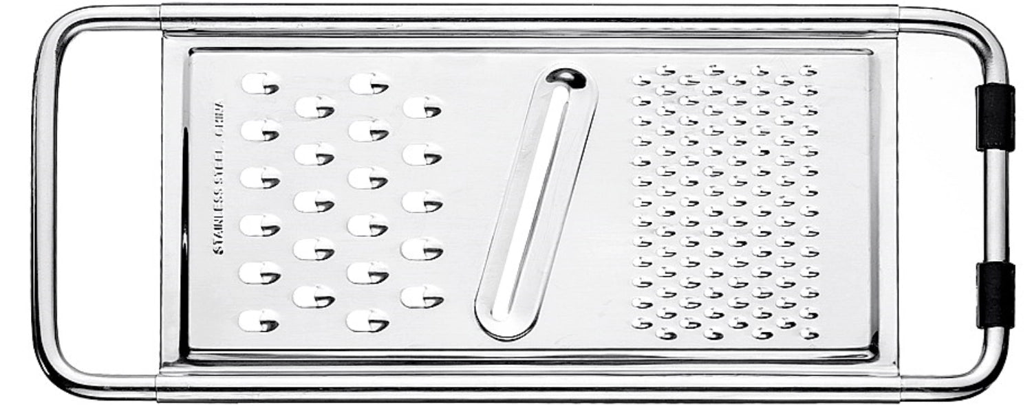 Praktische 3-Weg Raffel von Cuisipro mit Antirutsch-Silikonringen, 29 cm lang – ideal zum Reiben und Raffeln von Lebensmitteln.