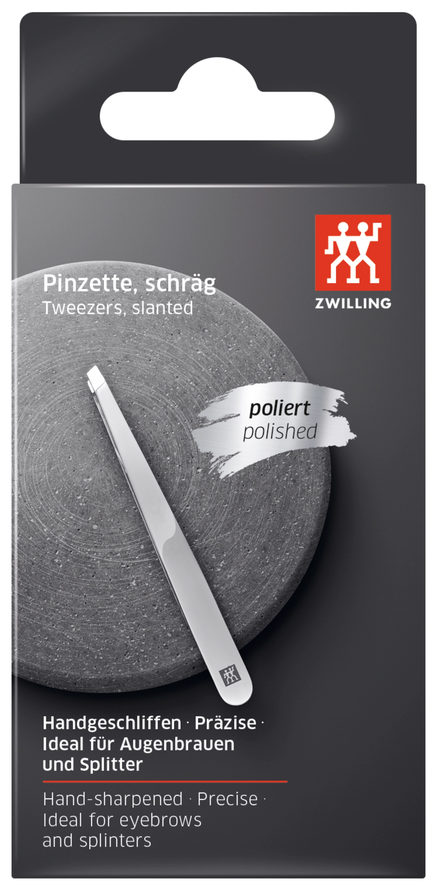 Elegante, 90 mm lange Pinzette von Zwilling Beauty mit schräger, polierter Spitze für exakte Anwendungen in der Körperpflege und beim Augenbrauenzupfen.