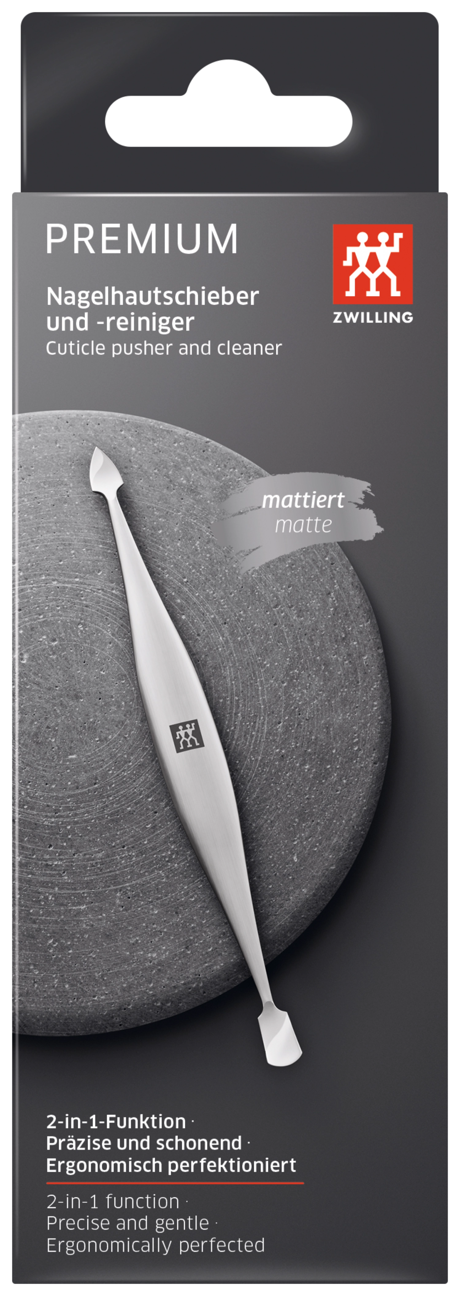 Hochwertiges Doppelinstrument von Zwilling Beauty, 125 mm, mit edler, mattierter Oberfläche für exakte Pflege von Nägeln und Haut.