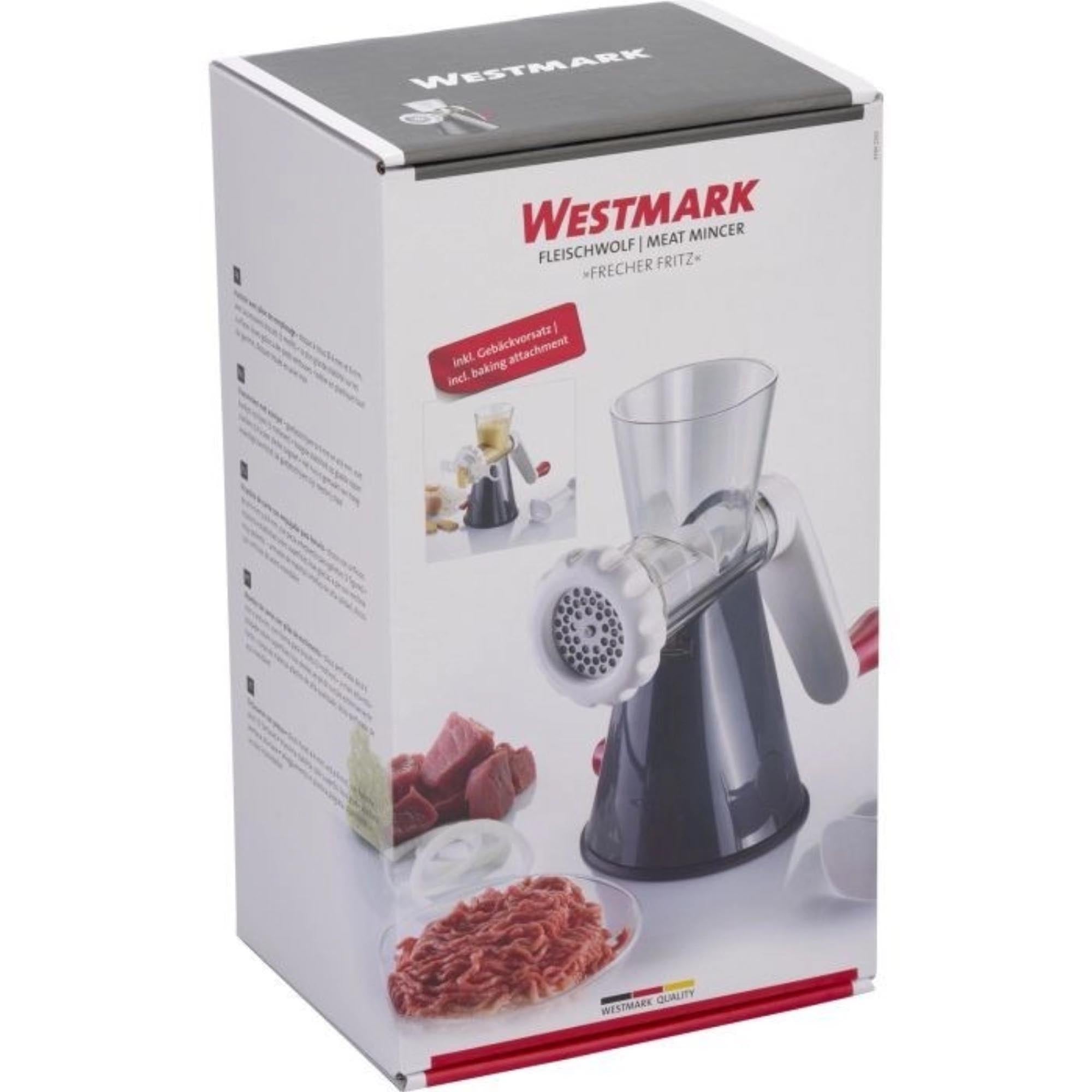 Kompakter Fleischwolf Frecher Fritz von Westmark, ideal für frisches Hackfleisch, robust und benutzerfreundlich, Maße: 24x13x24.5cm.