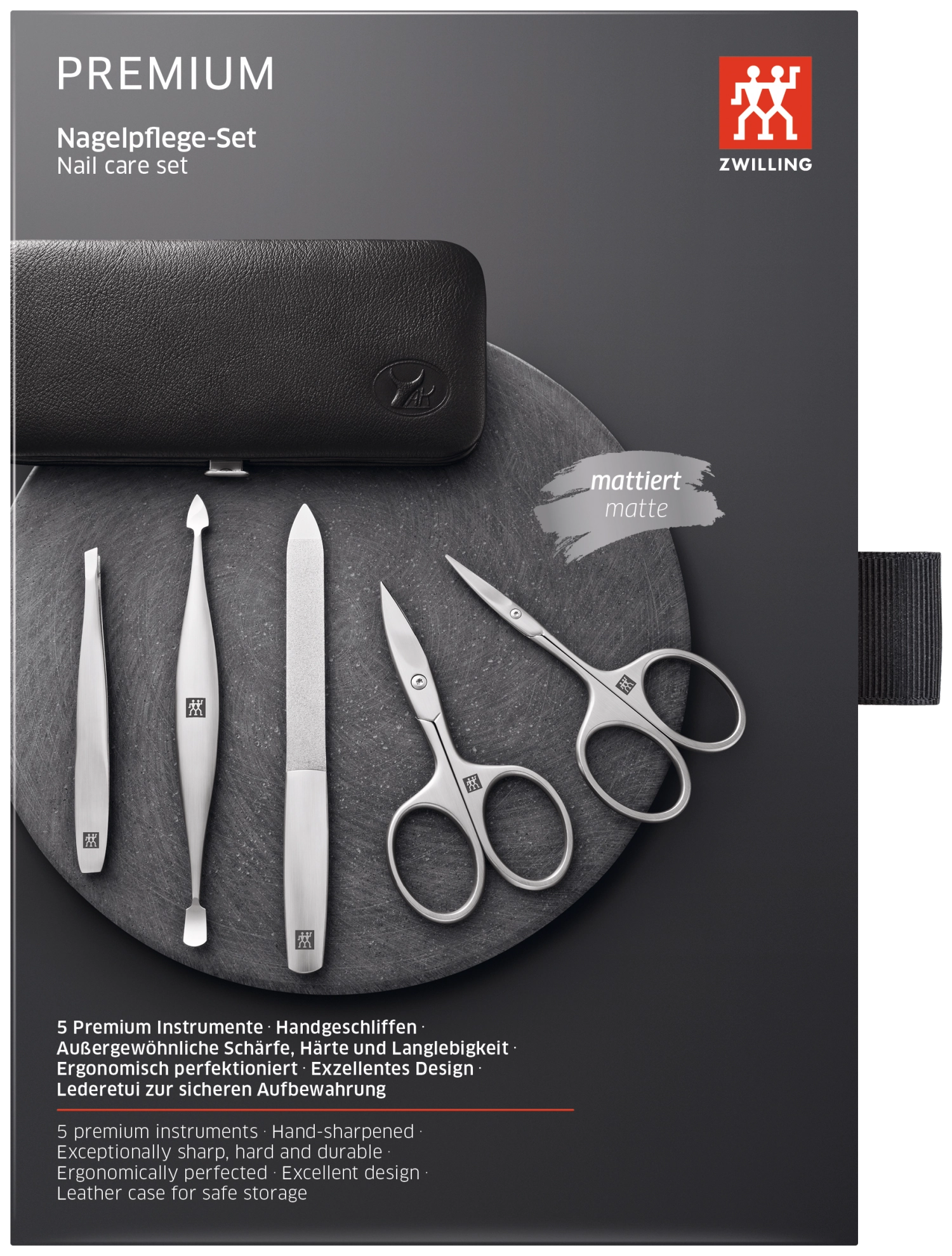 Hochwertiges 5-teiliges Etui aus schwarzem Yakleder, perfekt für die Pflege von Nägeln und Füßen, ideal für unterwegs und zu Hause.