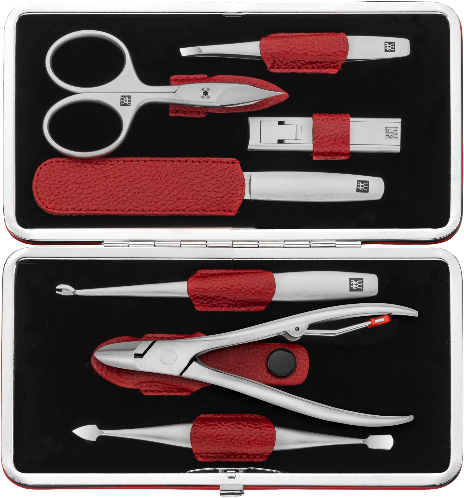 Entdecken Sie das elegante 7-tlg. Rahmen-Etui aus rotem Rindleder von Zwilling Beauty – stilvolle Aufbewahrung für Ihre Kosmetikprodukte.