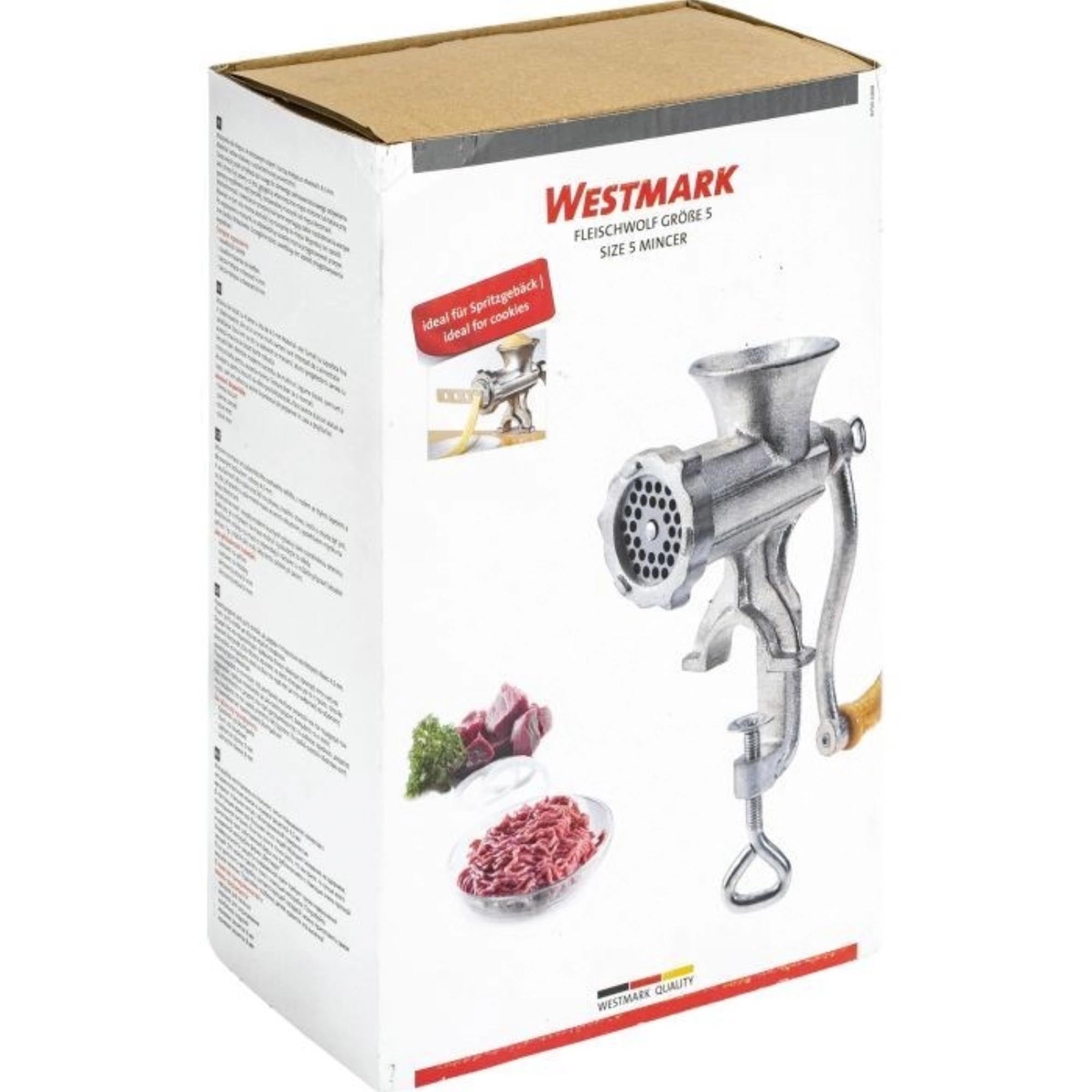 Robuster Fleischwolf Größe 5 von Westmark, Maße 22,5x9x24 cm, ideal für frisches Hackfleisch, kompakt und leicht zu handhaben.