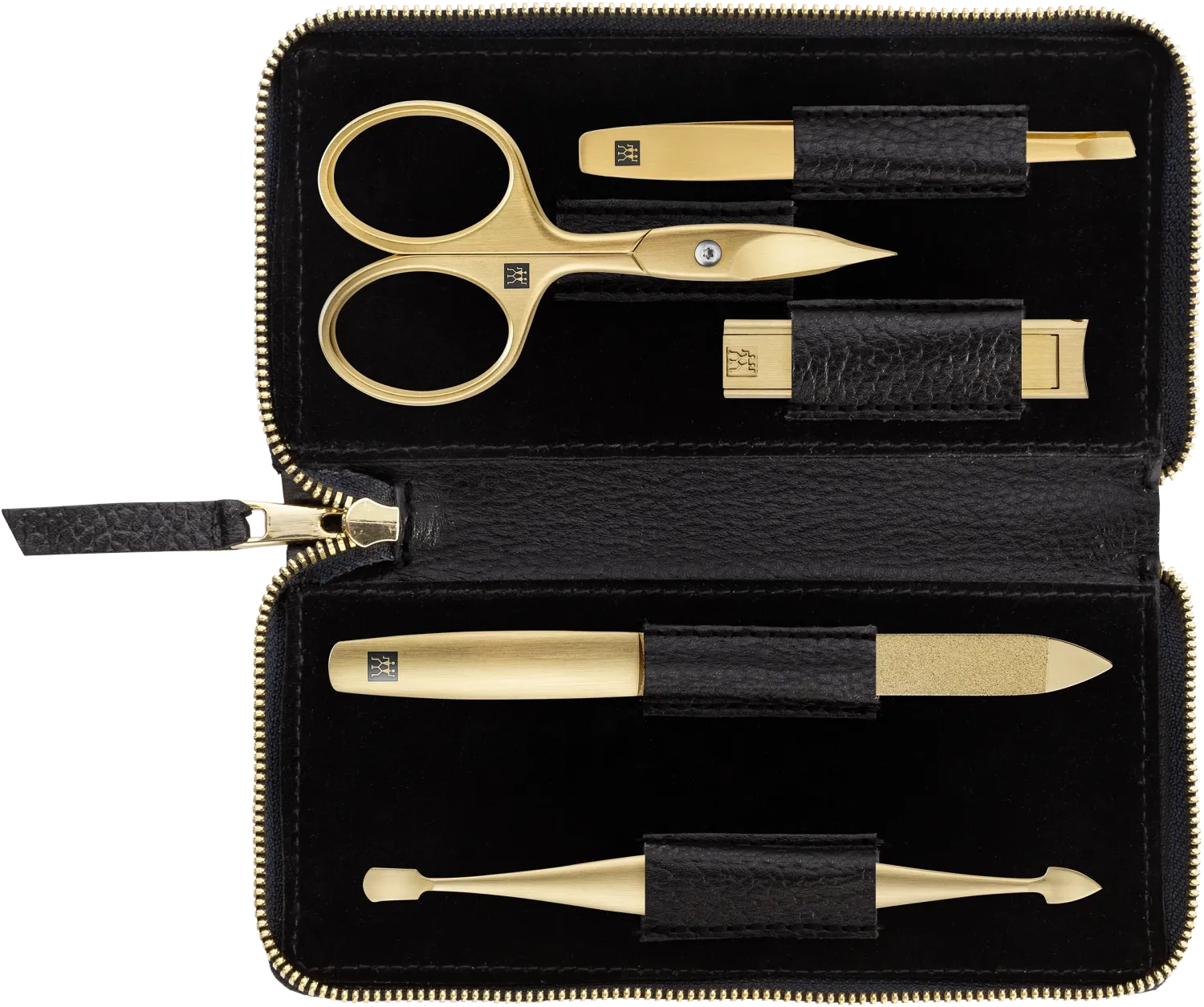 Elegantes, kompaktes Etui mit 5 Edelstahl-Instrumenten. Ideal für Reisen. Stilvolles Design in Schwarz/Gold.