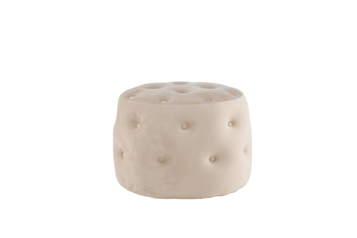 Runder Pouf Benjamin von Venture Home in Weiss, Bezug aus Polyestersamt mit gepolsterten Knöpfen, Durchmesser 55 cm, Höhe 44 cm