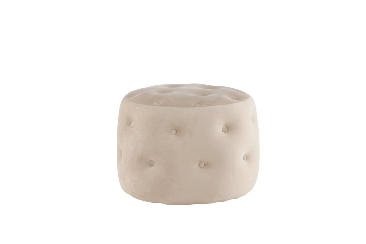 Runder Pouf Benjamin von Venture Home in Weiss, Bezug aus Polyestersamt mit gepolsterten Knöpfen, Durchmesser 55 cm, Höhe 44 cm