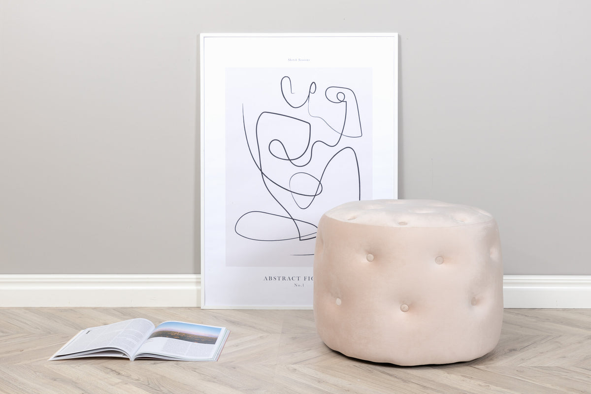 Runder Pouf Benjamin von Venture Home in Weiss, Bezug aus Polyestersamt mit gepolsterten Knöpfen, Durchmesser 55 cm, Höhe 44 cm