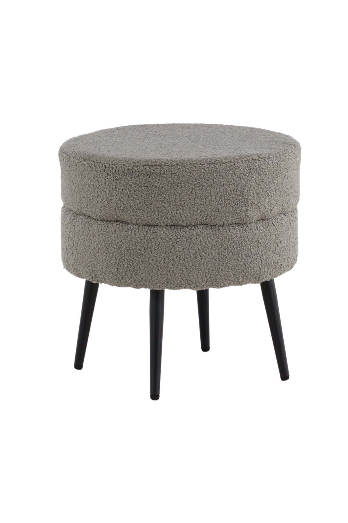 Runder Pouf Pot in Grau mit Teddystoff-Bezug, Durchmesser 40 cm, auf schwarzen, leicht ausgestellten Stahlbeinen stehend.