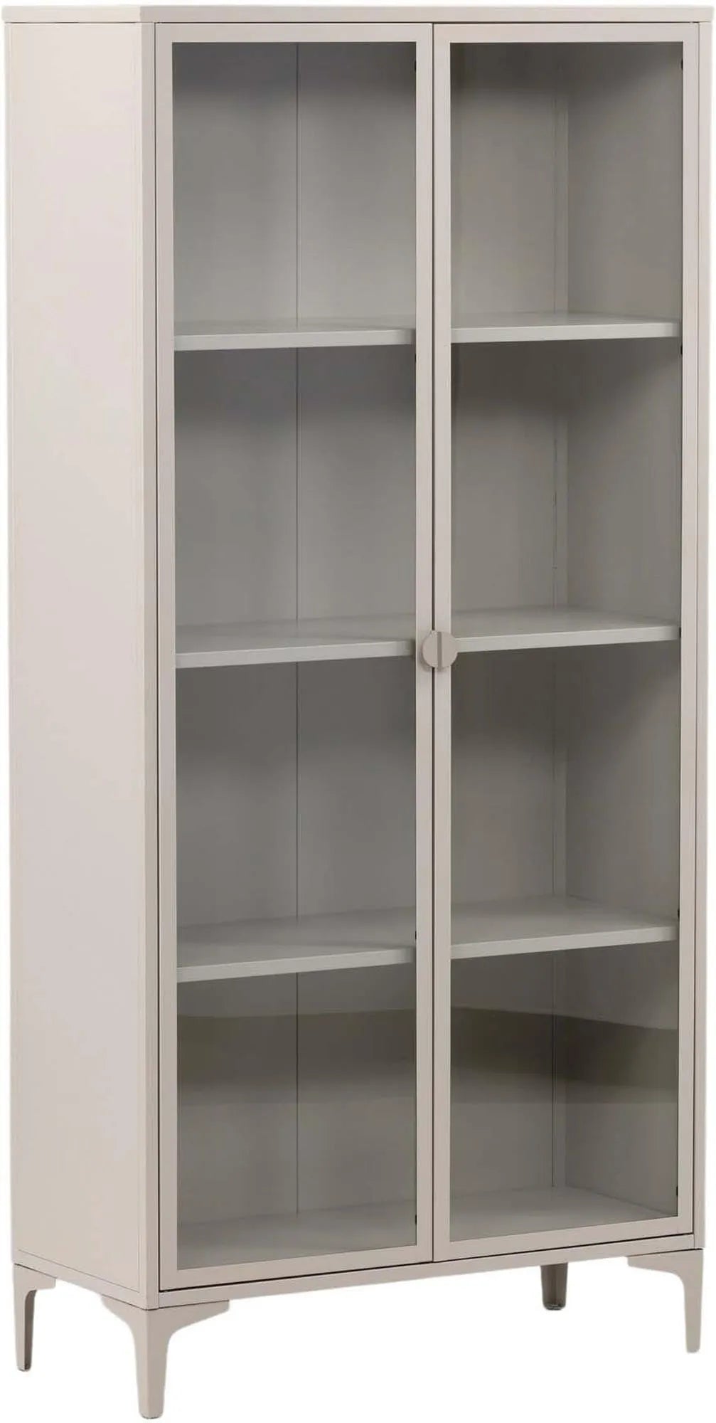 Der Piring Cabinet von Venture Home: Stilvoller Schrank aus beigem Stahl mit Glastüren, ideal für Sammlerstücke und elegante Aufbewahrung.