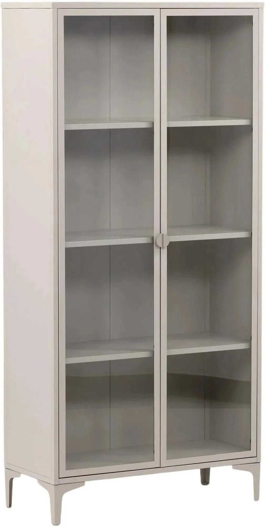 Der Piring Cabinet von Venture Home: Stilvoller Schrank aus beigem Stahl mit Glastüren, ideal für Sammlerstücke und elegante Aufbewahrung.