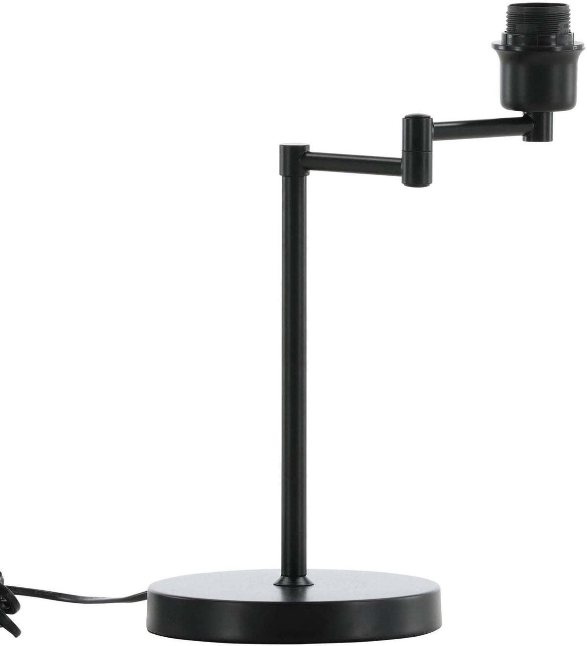 Schwarze Virro Tischleuchte aus PVC und Stahl mit verstellbarem Ständer und offen sichtbarer Glühbirne, freistehend fotografiert.