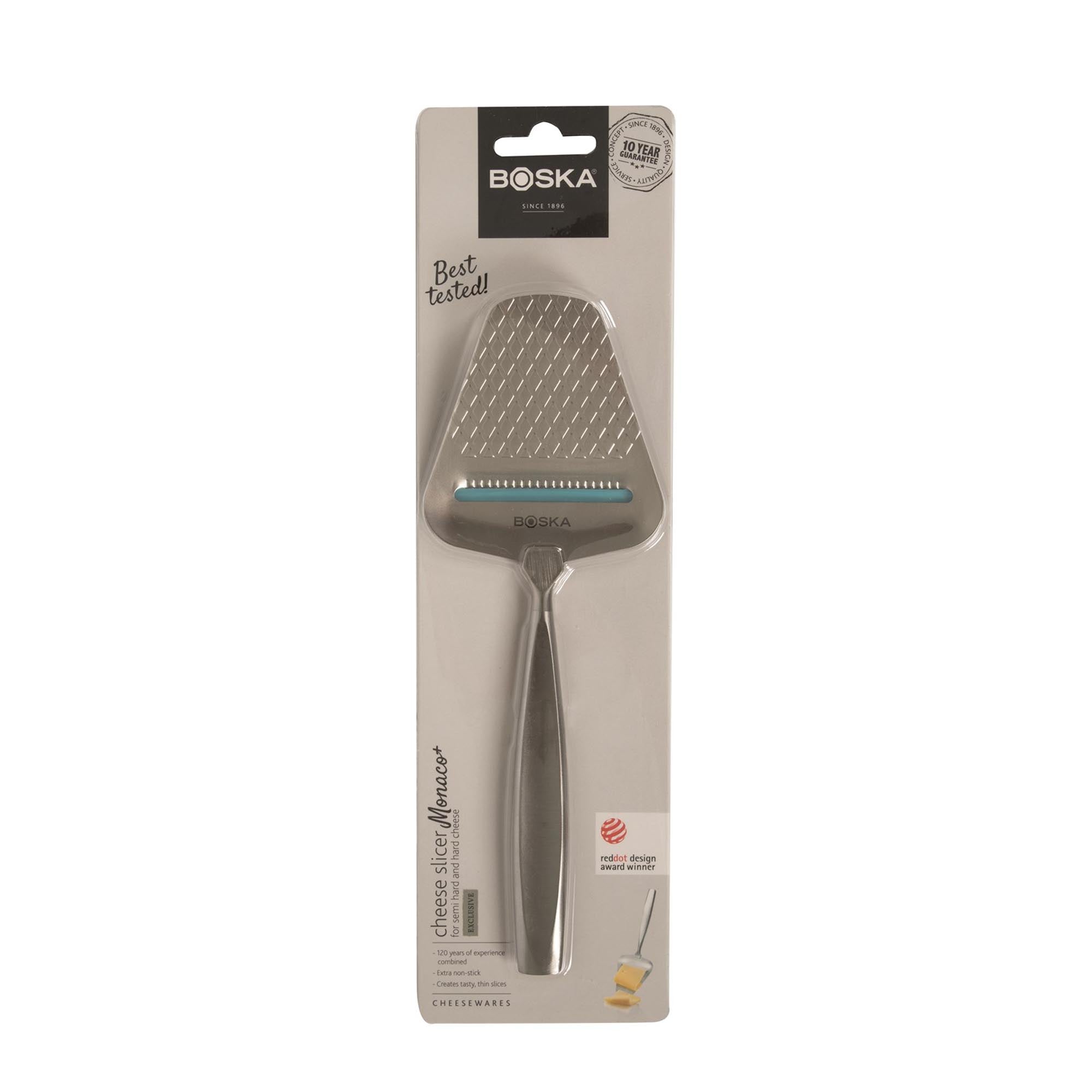 Eleganter Käsehobel Monaco+ aus silbernem Edelstahl von Boska, ideal zum präzisen Schneiden von Käse in feine Scheiben.