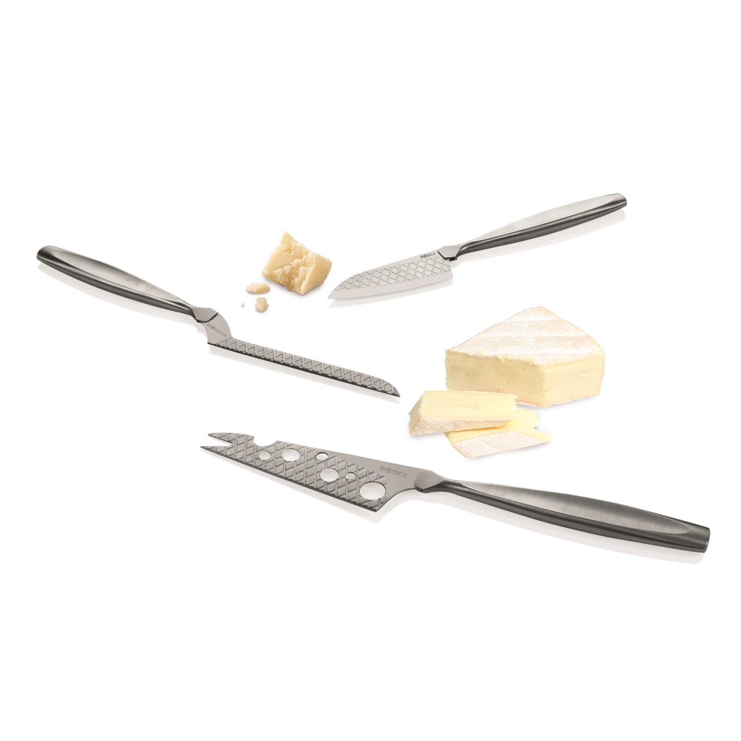 Hochwertiges Käsemesser-Set Monaco+ in edlem Silber, perfekt für die stilvolle Käsepräsentation und den Genuss feiner Käsesorten.