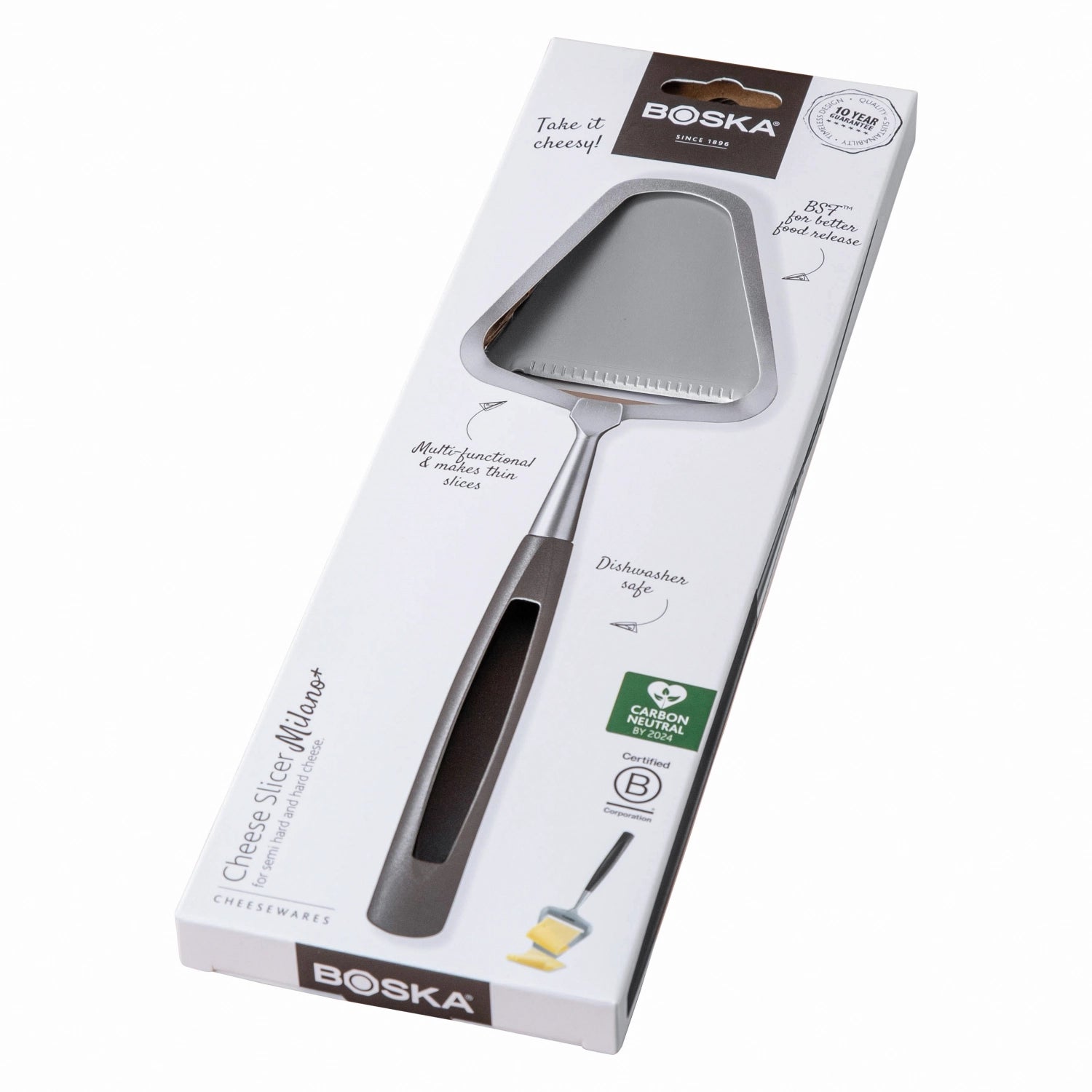 Eleganter Käseschneider Milano+ aus Edelstahl und Kunststoff von Boska, ideal zum präzisen Schneiden von Käse für jeden Anlass.