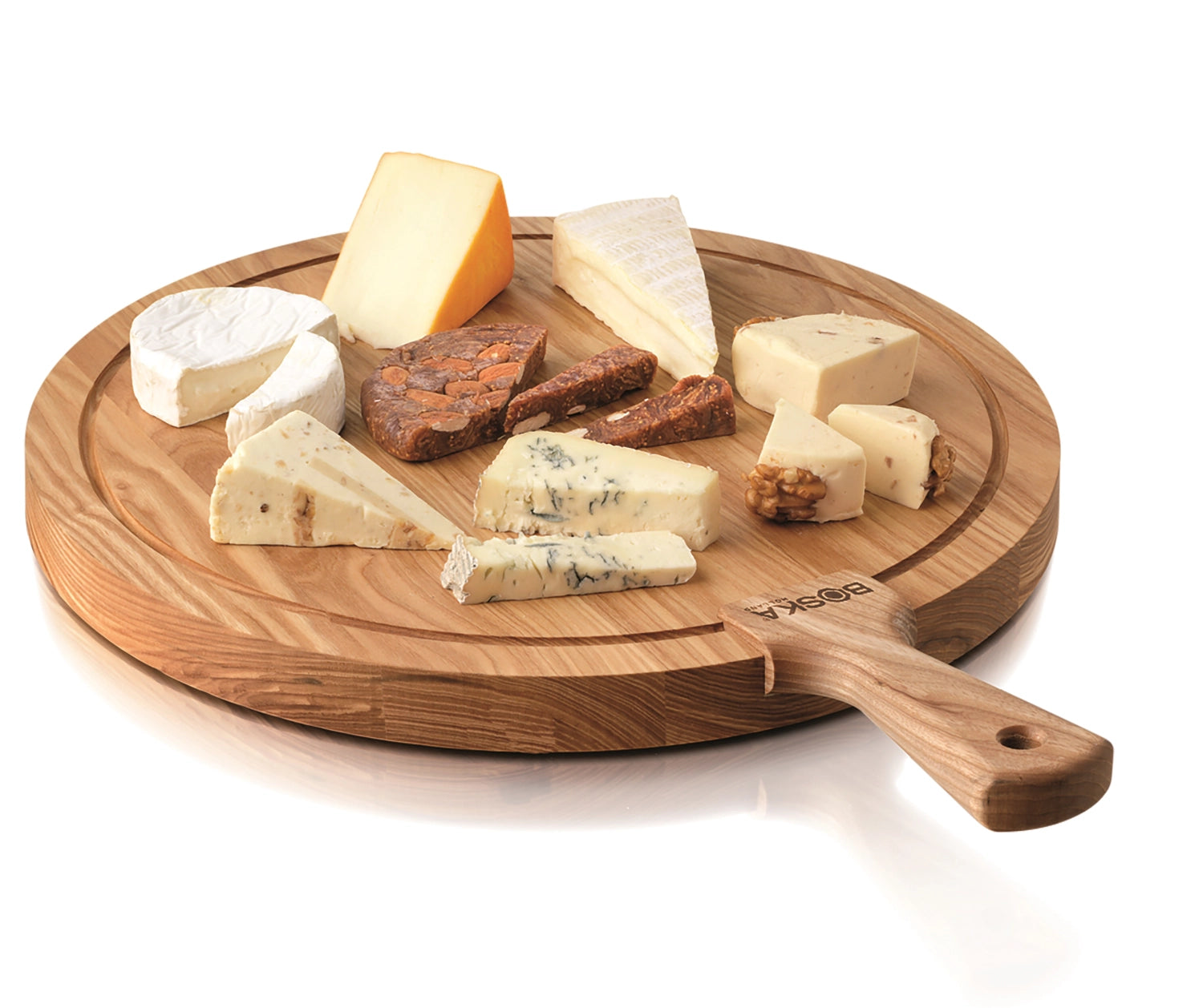 Rundes Servierbrett "Friends L" aus hochwertiger europäischer Eiche in Braun, ideal für stilvolles Servieren von Speisen und Snacks.